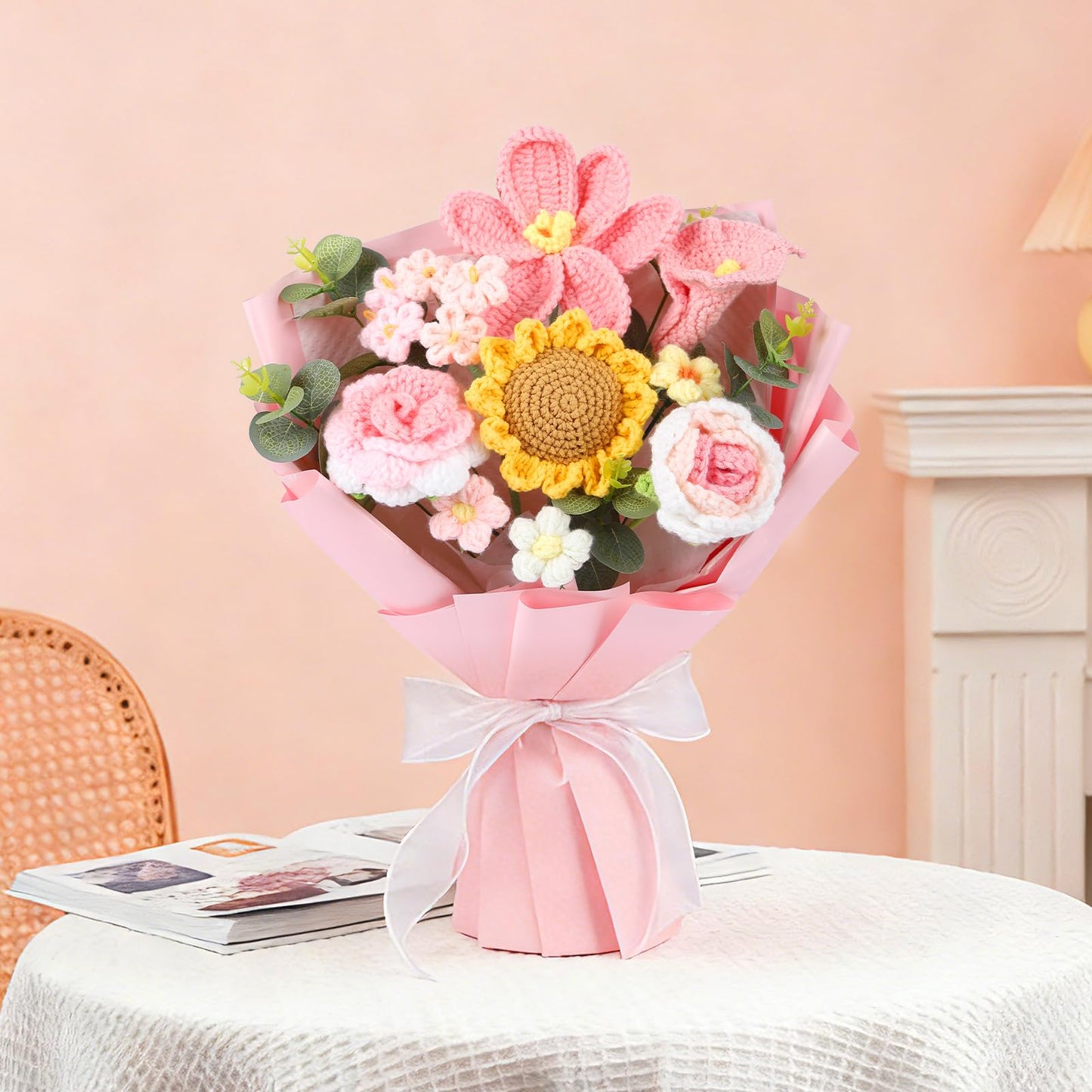 Crocheted Bouquet, Handmade Knitted Flowers，Tulips, Sunflowers Roses Crochet Flowers Suitable for Valentine's Day Teacher's Day Anniversary Birthday Parties Mother's Day Graduation Gifts (Pink)