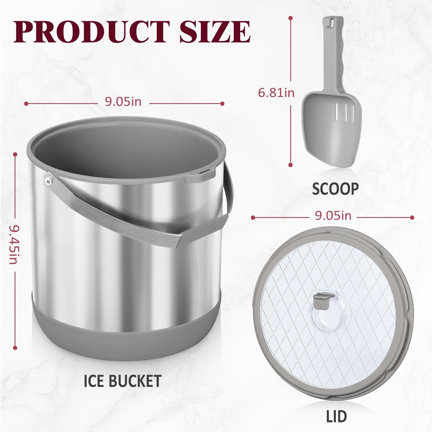 6.8L/7QT Large Insulated Ice Bucket with Lid & Scoop,Double-Wall Ice Bucket for Parties,Cocktail Bar(Grey)