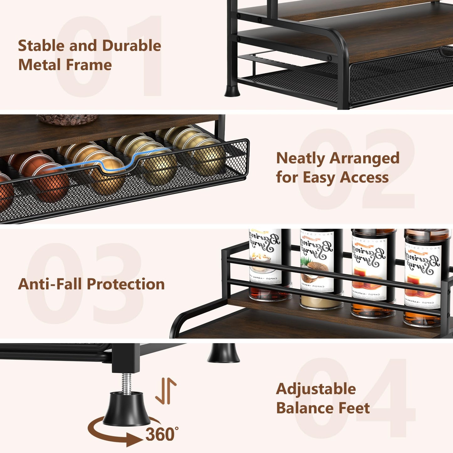 Coffee Syrup Rack Organizer, 3-Tier 8 Bottles Syrup Rack with Pod Holder Drawer for Nespresso Pods, Holds up to 30 Big or 40 Small Capsules, Countertop Coffee Bar Organizer for Kitchen Cafe