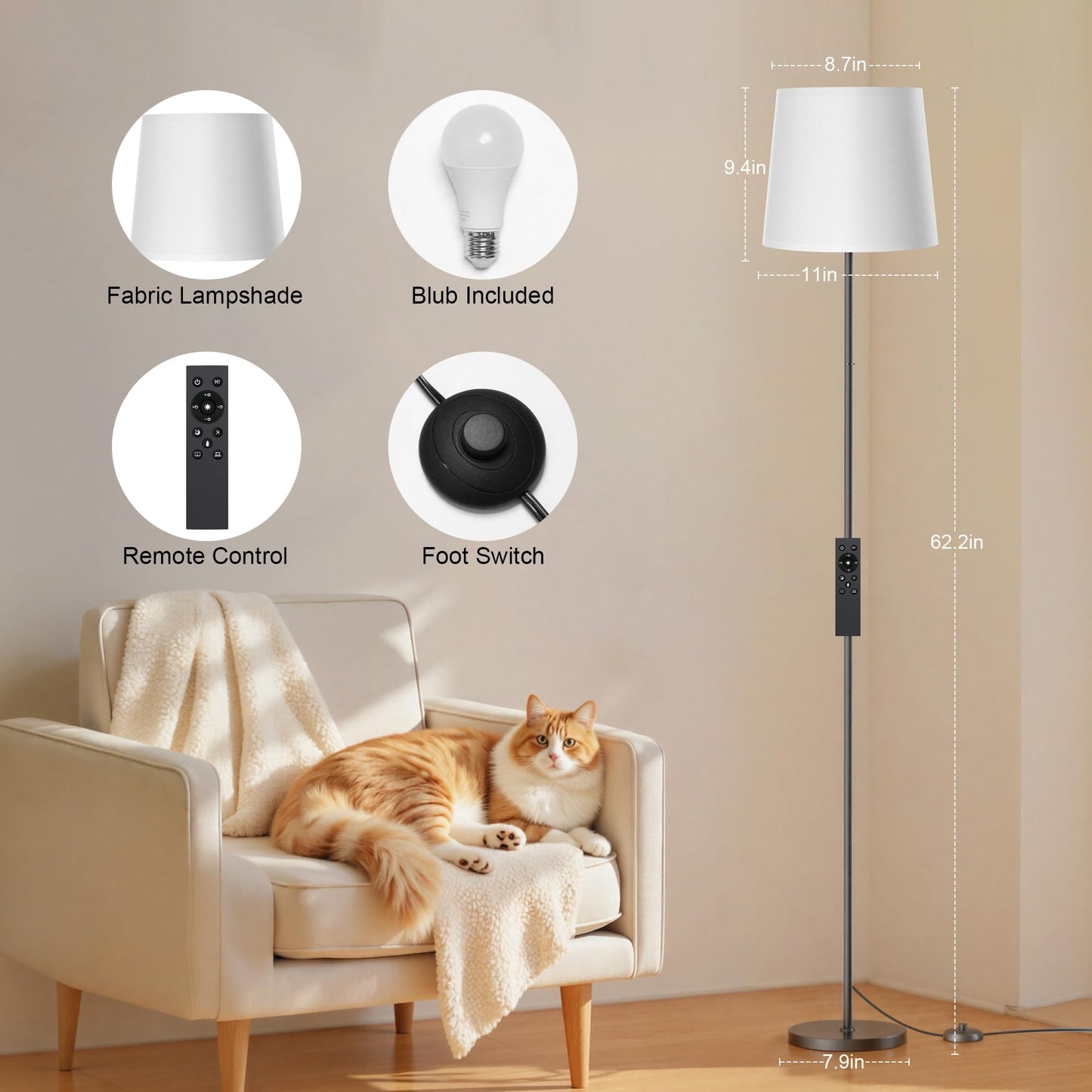 SIBRILLE Floor Lamp with White Shade, 62" Dimmable LED Standing Lamp with Remote, 9W E26 Bulb Included, 3000-6000K, Modern Floor Reading Light for Bedroom Living Room Office Corner, Black Pole