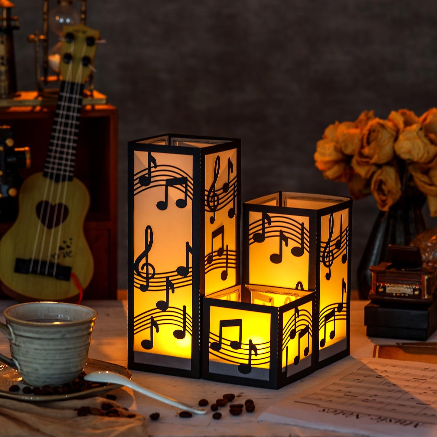 Rossesay 24 Pcs Music Centerpieces for Table 3 Size Music Note Paper Lantern Boxes Table Ideas Decorations for Musical Room Party Decorations Wedding Birthday (Classic)