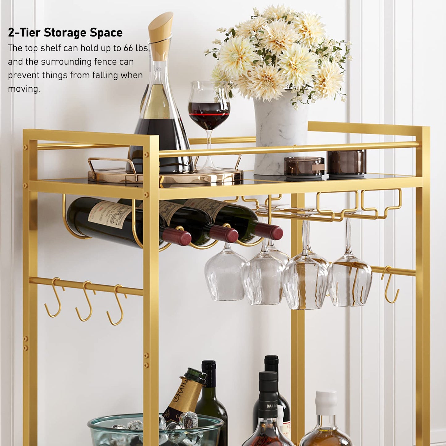 TUTOTAK Bar Cart, Serving Cart for Home, Drink Cart, Mobile Kitchen Shelf with Wine Rack and Glass Holder, Rolling Beverage Cart, Gold BC01BB031
