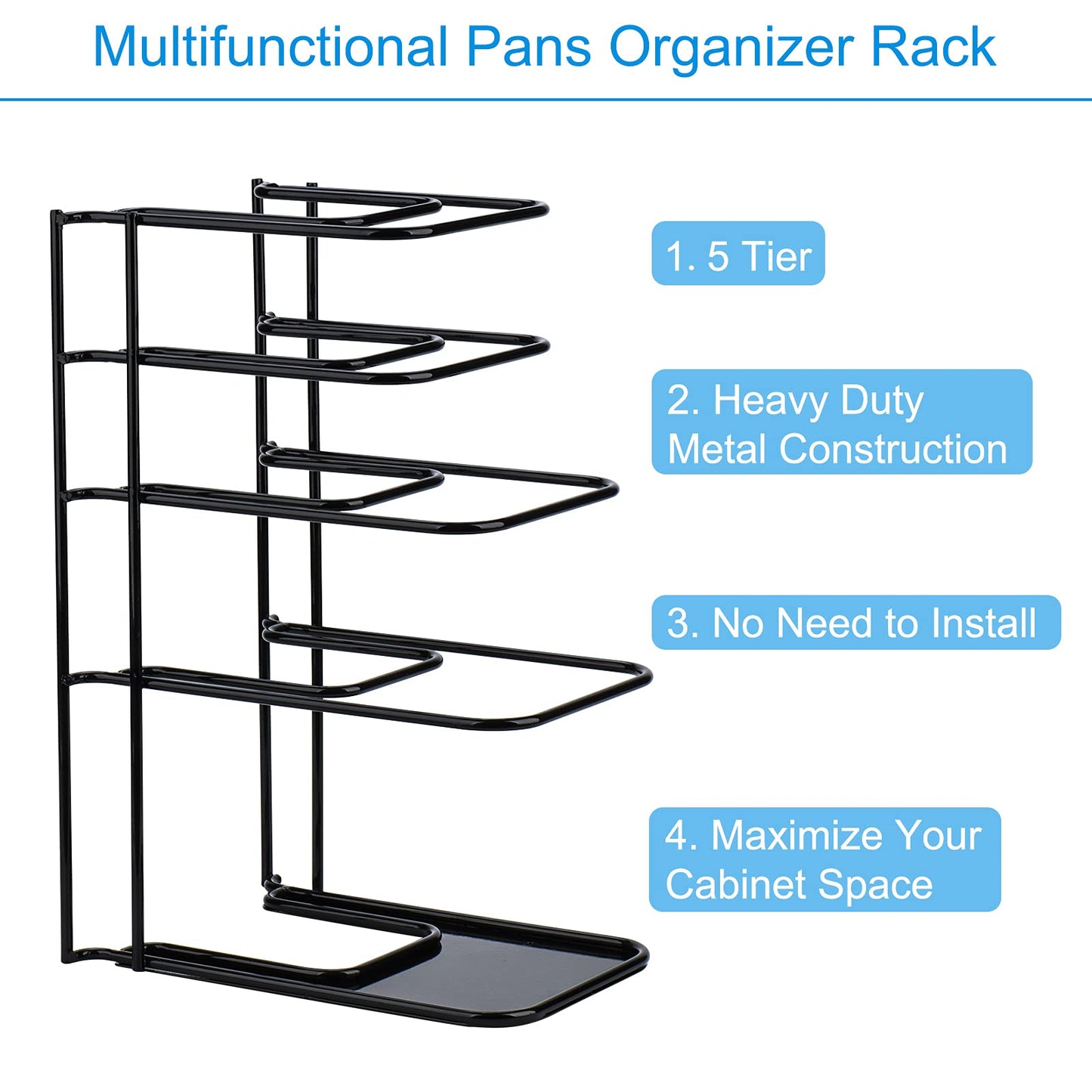 Toplife 2 Pack Heavy Duty Pan Organizer, 5 Tier Pot and Pan Organizer Rack for Cast Iron Skillets, Griddles and Pots - Sturdy Steel Construction- No Assembly Required - Black