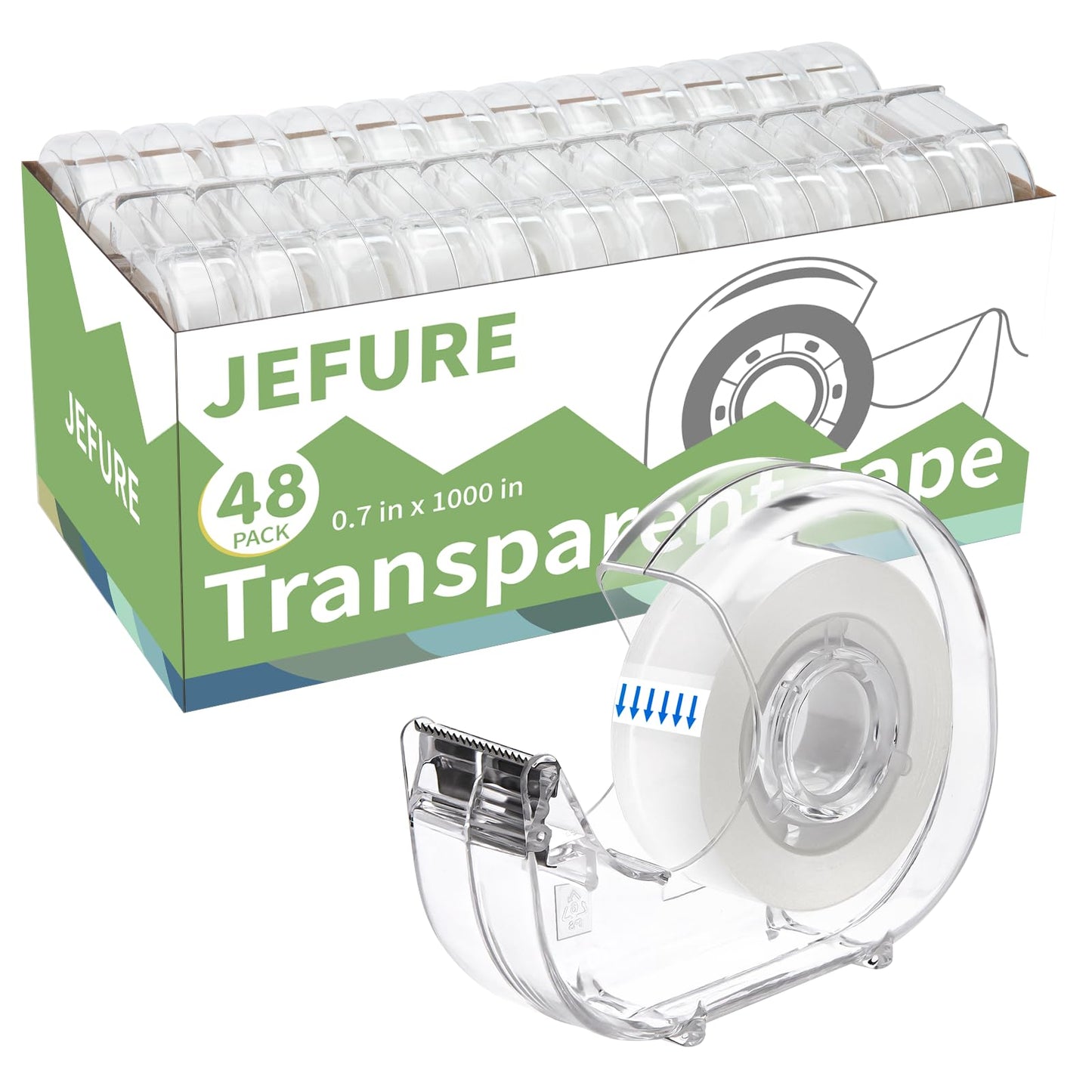 JEFURE Transparent Tape with Dispenser, 0.7 in x 1000 in Clear Tapes and Refillable Dispensers, Office Tape Rolls with Dispenser Bulk for Craft Jobs, Gift Wrapping, Repairing, Home and School (48)