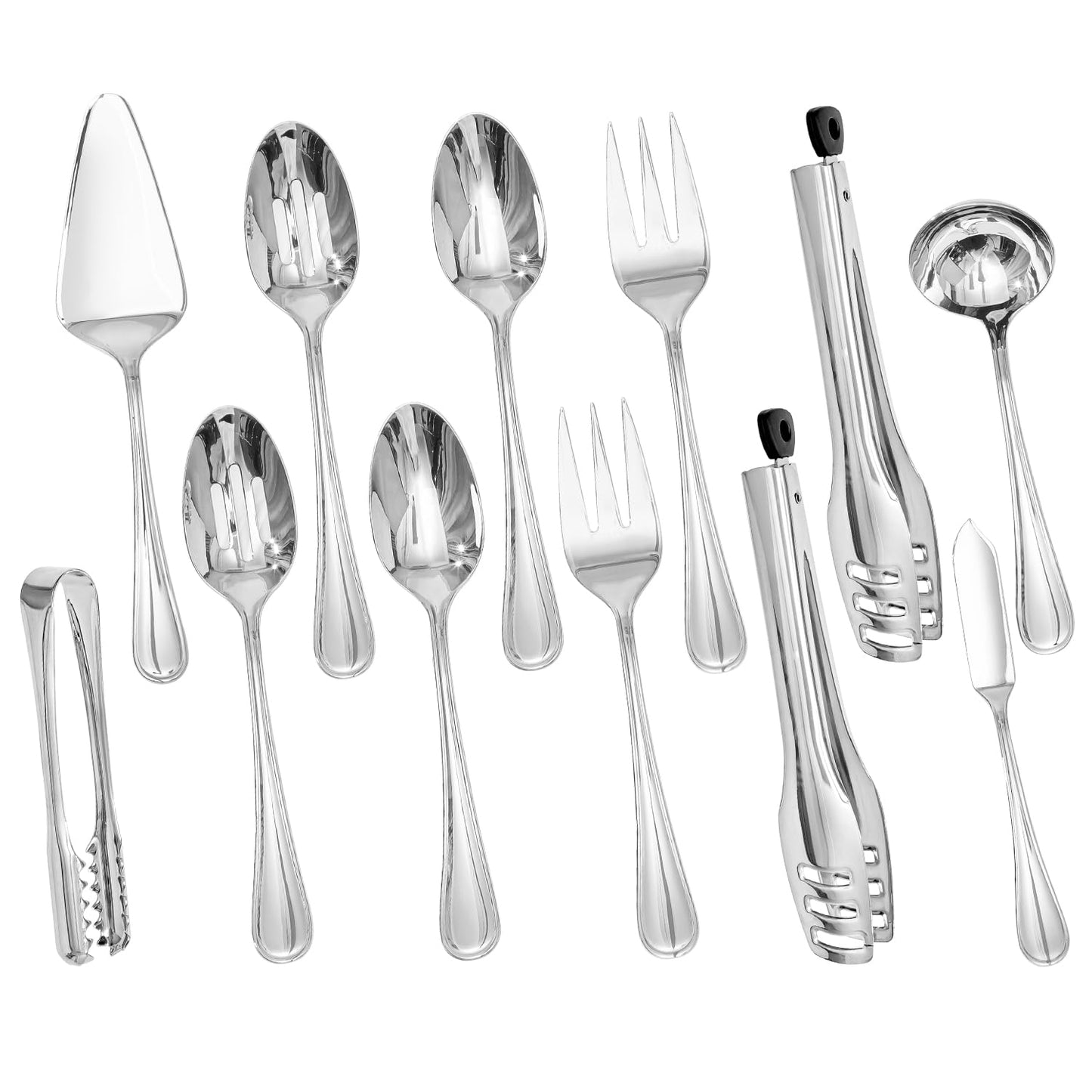 KINGSTONE 12 Piece Teardrop Serving Utensils Set, 18/10 Stainless Steel Serving Utensils, Slotted Spoons, Forks, Tongs, Cake Server, Butter Knife for Buffet, Catering, Wedding, Party
