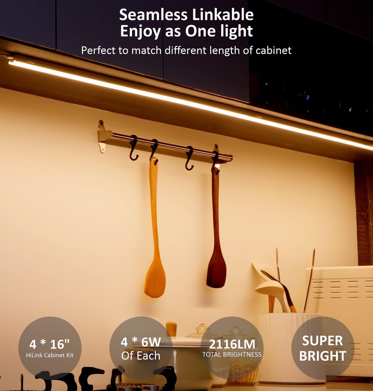 Leetdud Under Cabinet Lighting Plug in, 16 Inch 4 Pcs, Linkable AC120V 3CCT 3000K/4000K/5000K Ultra Slim, LED Under Cabinet Lights for Counter Light, Kitchen, Shelf, Sink, Workshop, Desk, White