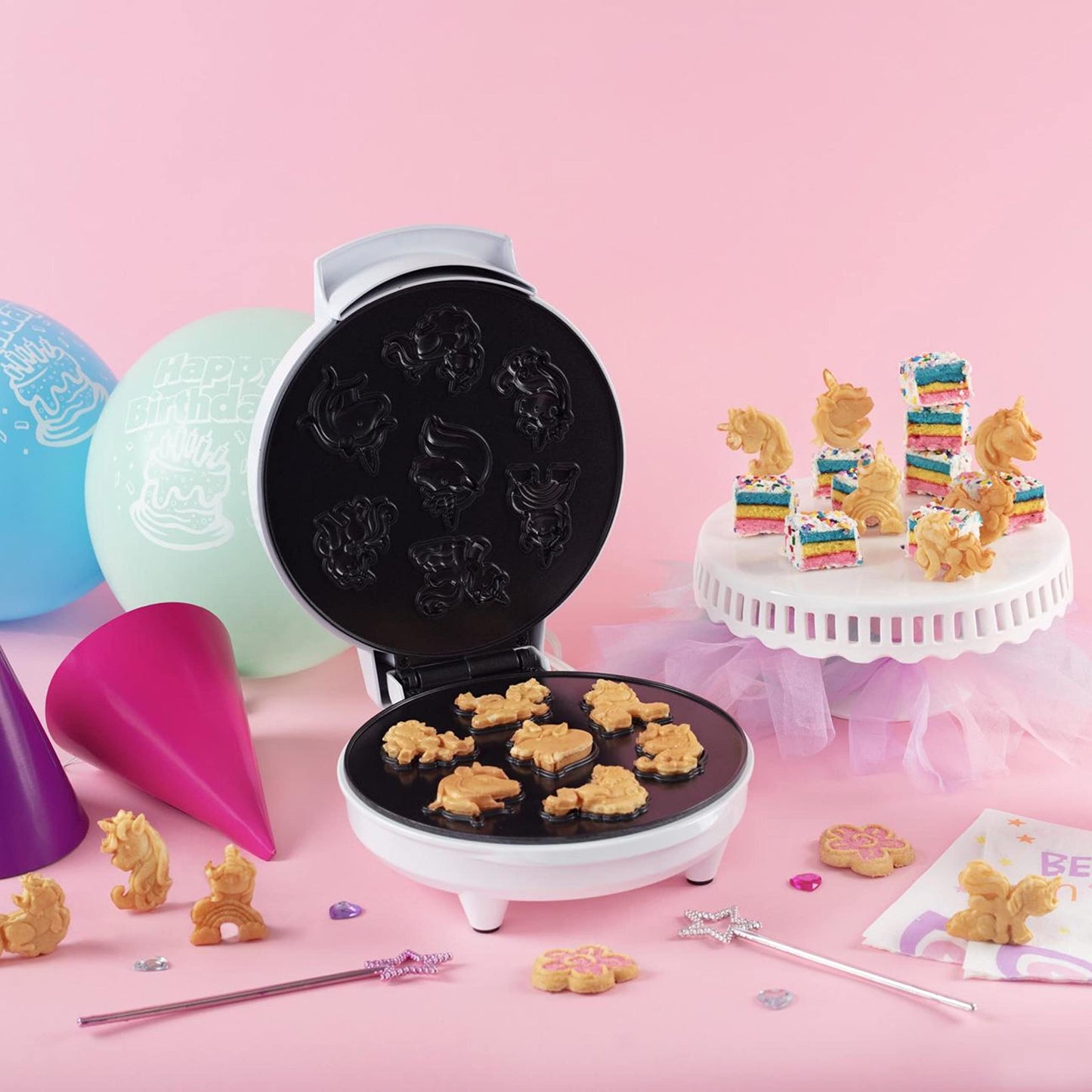 Unicorn Mini Waffle Maker- Creates 7 Different 3D Animal Shaped Waffles in Minutes- A Fun Cool Magical Breakfast for Kids, Girls & Adults- Electric Non-Stick Waffler Iron, Pancake Baker w Recipe Guide
