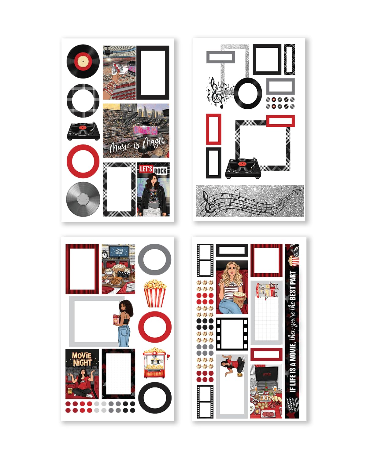 Rongrong My Favorite Things Planner Sticker Book – Stickers for Planners, Journals & Scrapbooks – 24 Pages – Inspired by Music Lovers & Movie Night Vibes