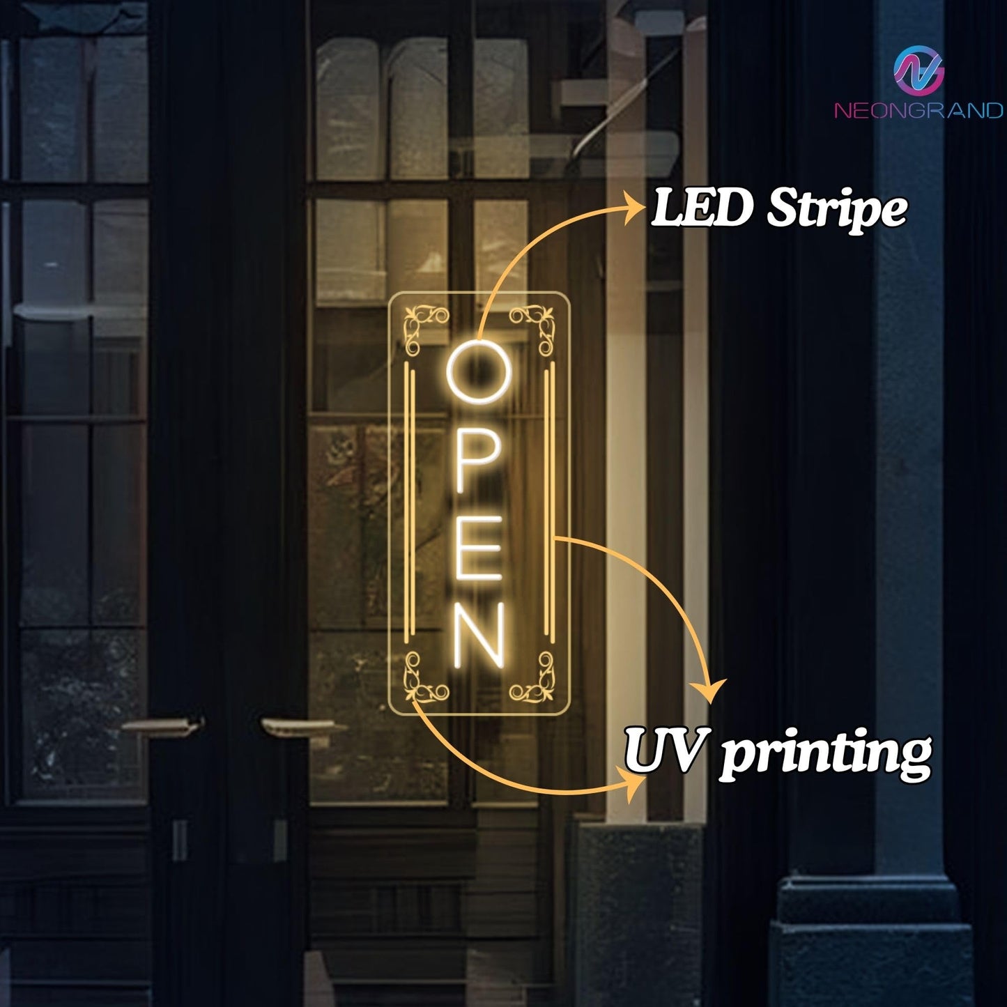 Vertical LED Open Sign - UV printing Pattern, LED Open Signs for business – USB Powered Neon Wall Light, Neon Sign for Shop, Window, or Business Use (7x16.5'', Warm White)