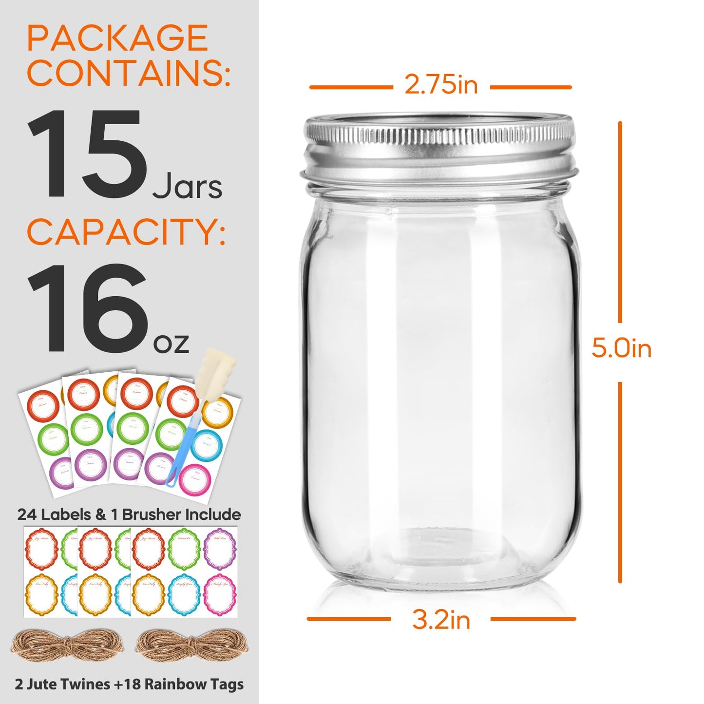 Mcupper Glass Mason Jars 16 oz with Airtight Lids and Bands - 15 Pack Regular Mouth Pint Canning Jars for Pickling, Meal Prep, Overnight Oats, Dry Food & DIY Crafts - Includes 24 Stickers & Brush