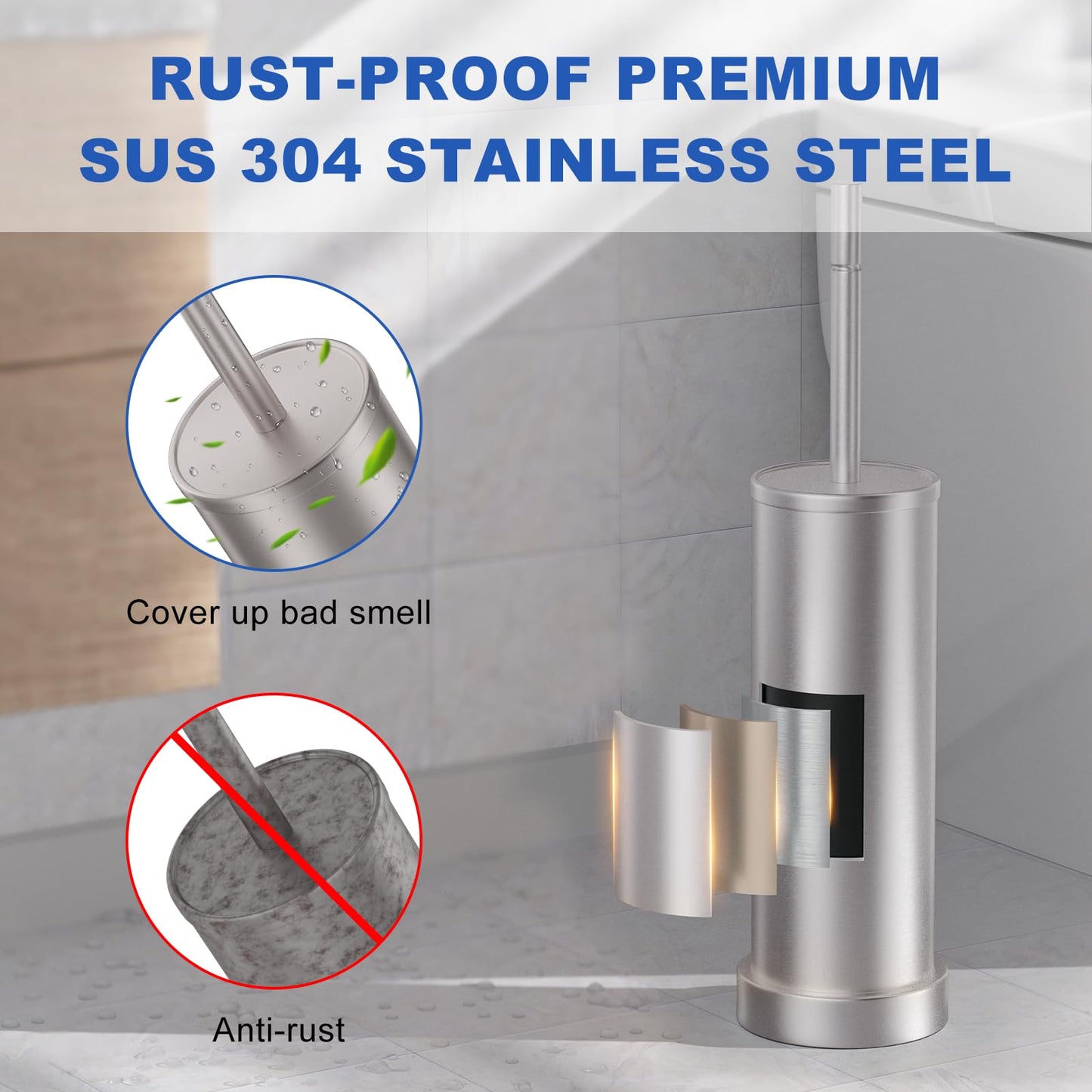 Brushed Nickel Toilet Brush and Holder Set, 304 Stainless Steel Toilet Brush for Bathroom, Heavy Duty Toilet Bowl Brush with Holder, Removable Inner Bowl and Splash Protection, Long Handle