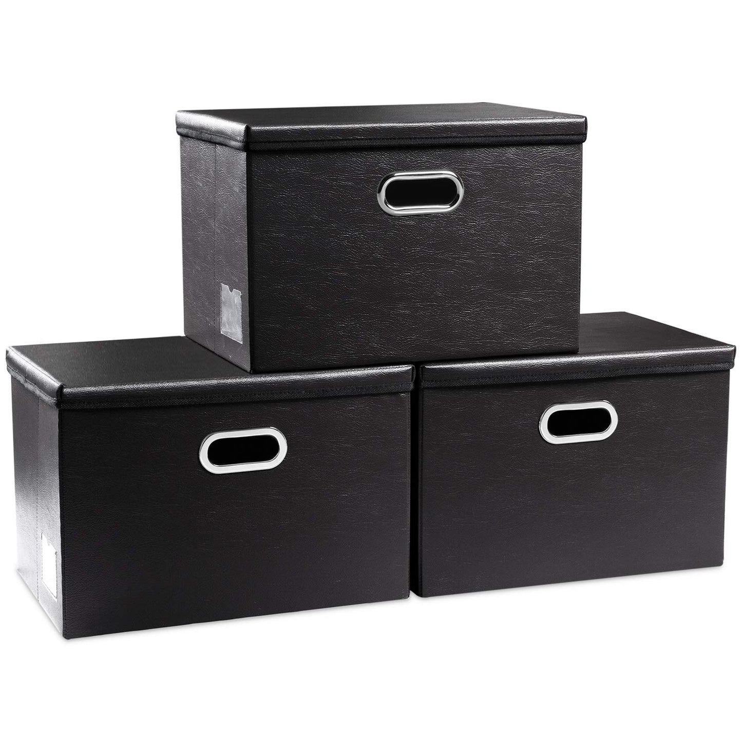 PRANDOM Large Foldable Storage Bins with Lids [3-Pack] Leather Fabric Collapsible Storage Boxes Organizer Containers Baskets Cube with Cover for Home Bedroom Closet Office Black(17.7x11.8x11.8)