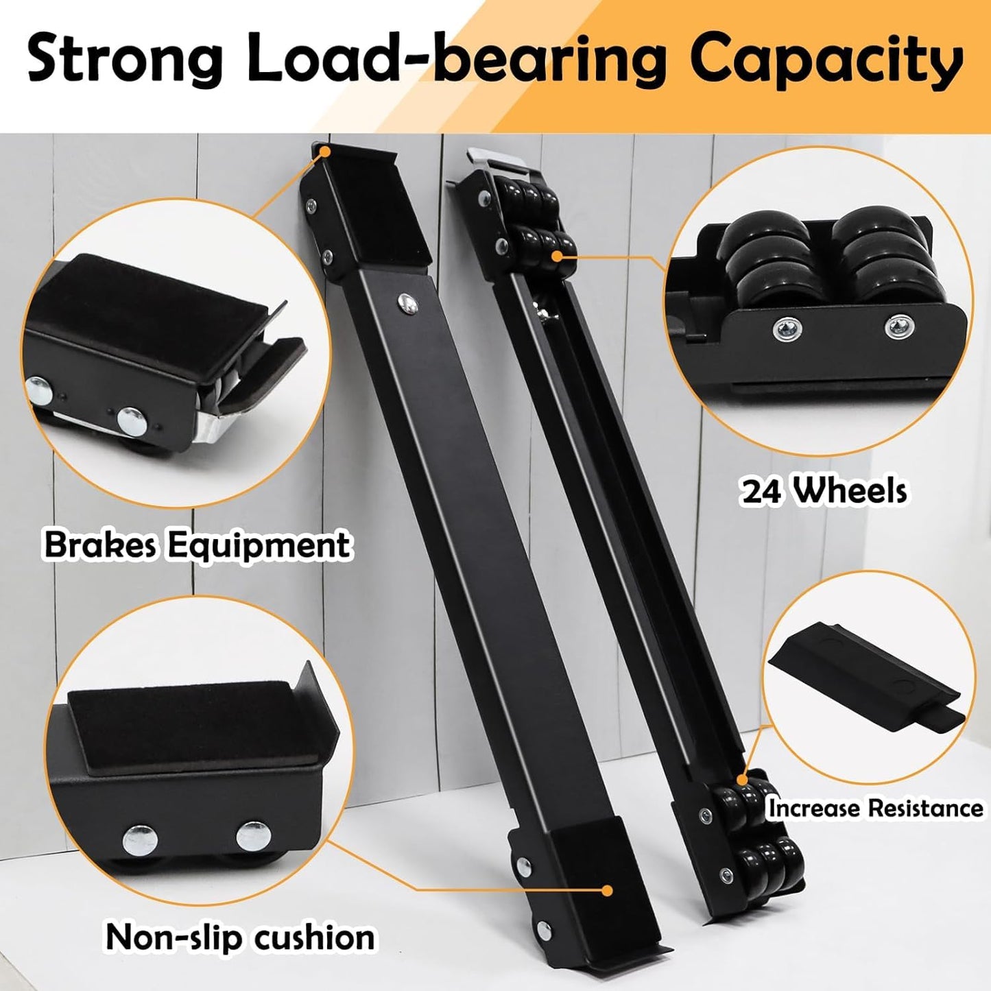6 Pcs Extendable Furniture Appliances Rollers, Mover Tools with 24 Roller Brake Equipment for Heavy Washing Dryer Machine Refrigerator for Mobile Wheels Strong Base Stand Hold Up to 660 lb Black