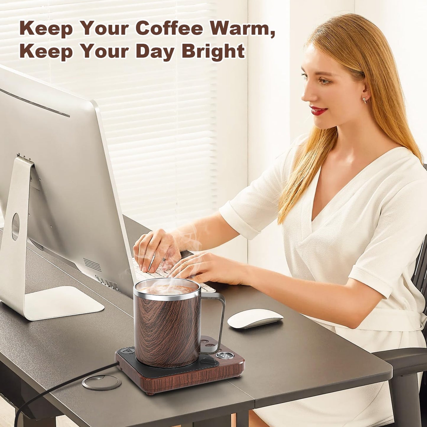 Felibeaco Coffee Mug Warmer & Mug Set for Desk, Smart Coffee Cup Warmer with 16oz Heated Mug, Cup Heater with Auto Shut Off for Office/Home, Coffee Gifts for Men&Women, for mom,Wood