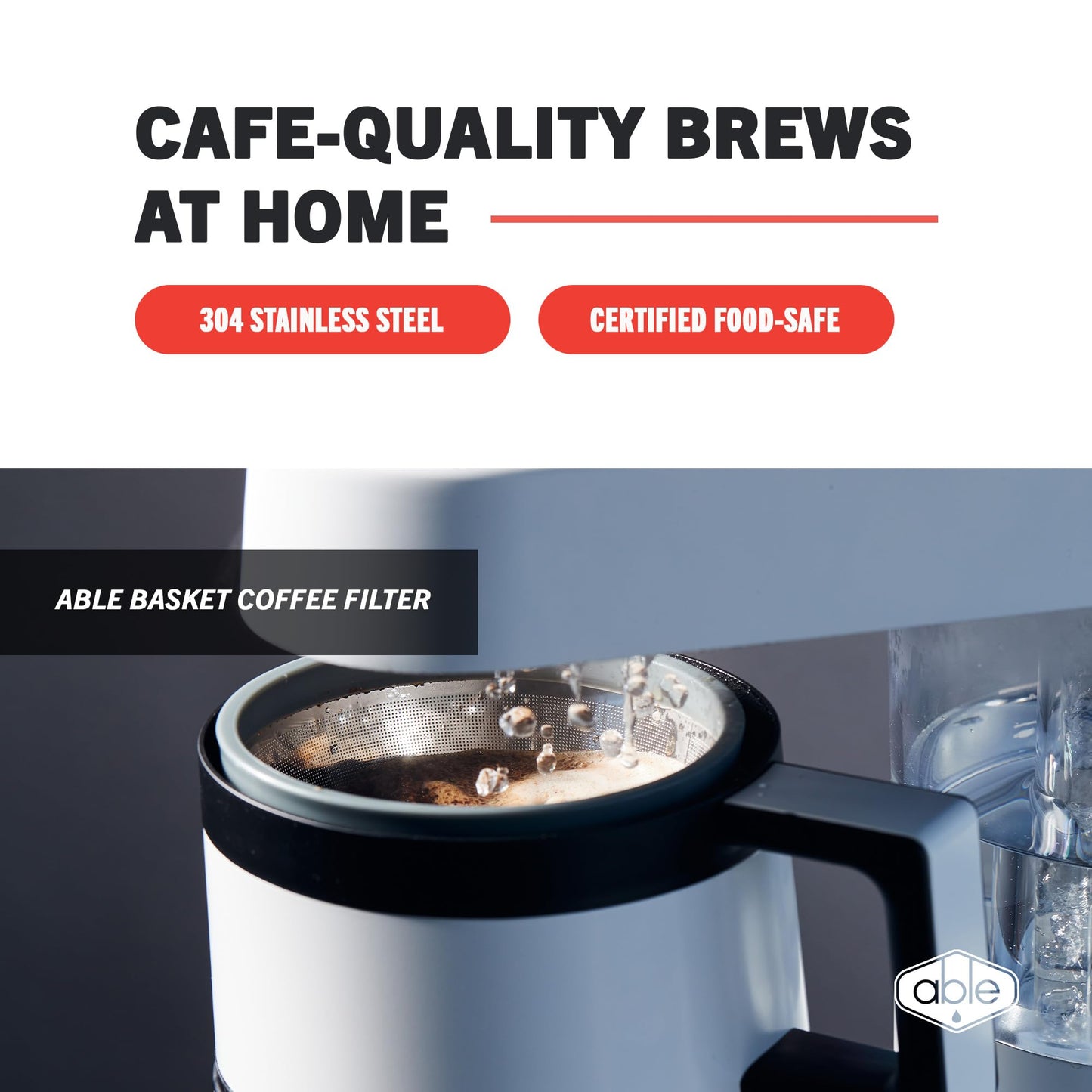 Able Brewing - Able Basket Reusable Coffee Filters, Single-Layer Coffee Filters 8-12 Cup Coffee Makers, 304 Stainless Steel Coffee Filter with 40,000 Precision-Etched Holes, BPA-Free