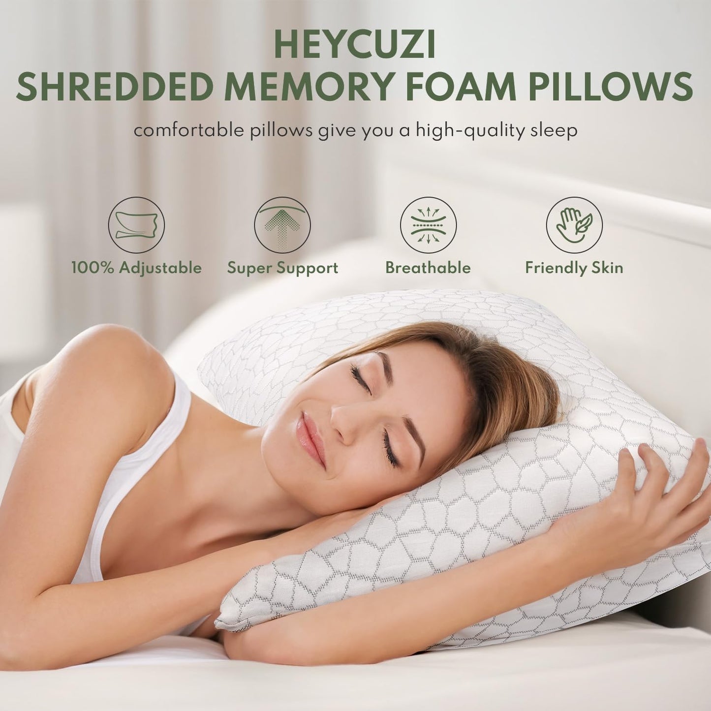 HEYCUZI Pillows Queen Size Set of 2 - Cooling Shredded Memory Foam Pillow for Sleeping 2 Pack, Adjustable Cool Bed Pillows for Side, Back, and Stomach Sleepers, Gel Pillow Washable Removable Cover