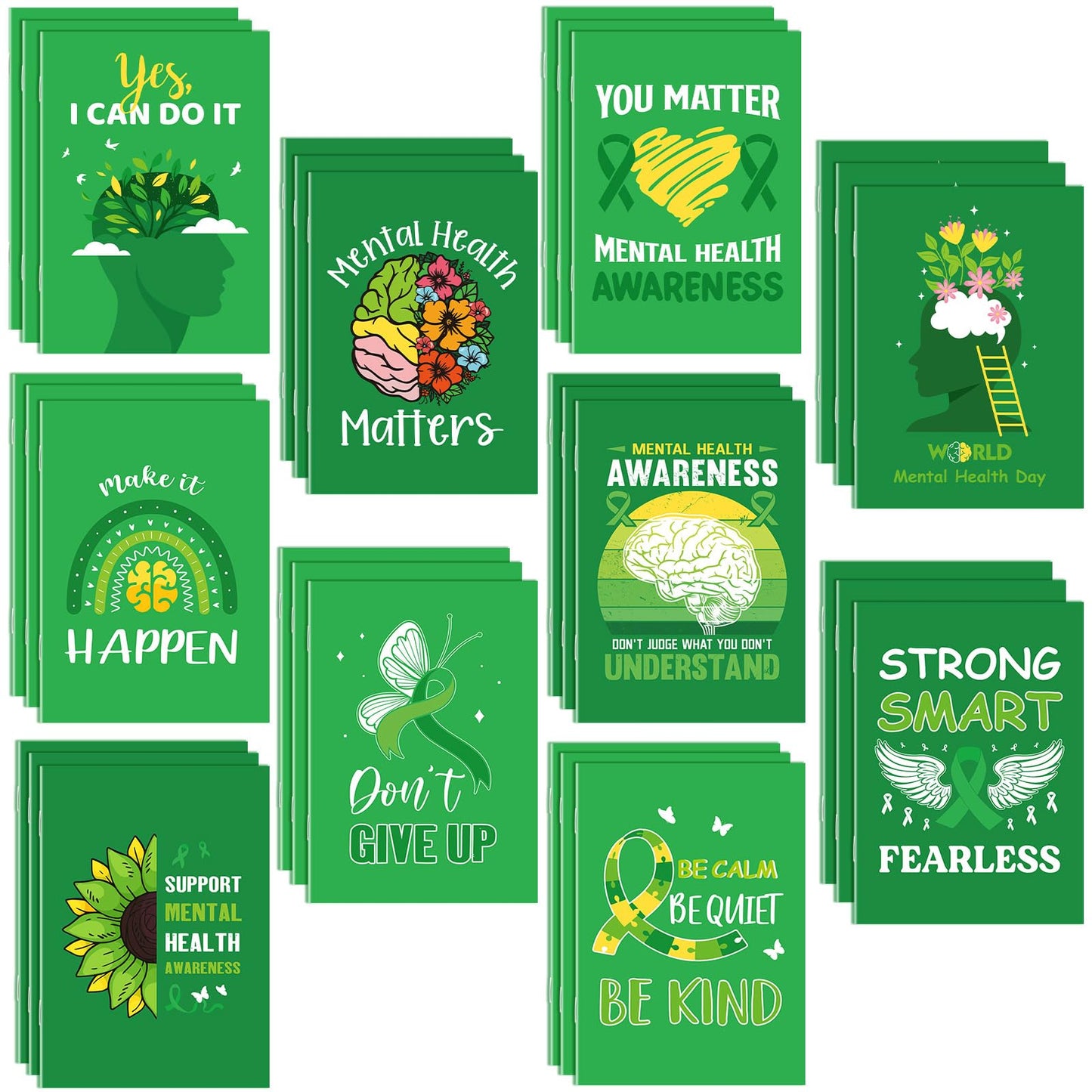 Dinifee 200 Pcs Mini Mental Health Notepads Small Memo Pad Notepads Bulk Mental Health Awareness Green Ribbon Pocket Notebooks, 10 Styles