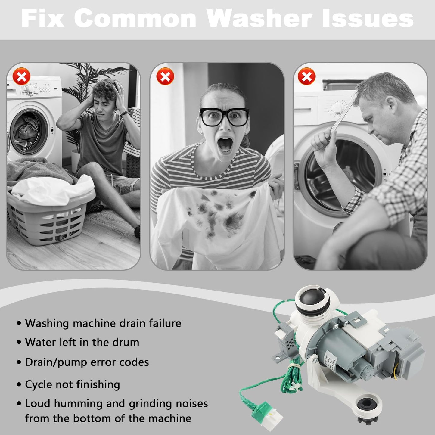 Hyaminu Upgraded DC97-19289F Washer Drain Pump for Samsung, Replaces DC97-19289A PX3516-01, Fixes Washer Not Draining, OE 5E ND Error, Water Stuck in Tub, Noisy Pump