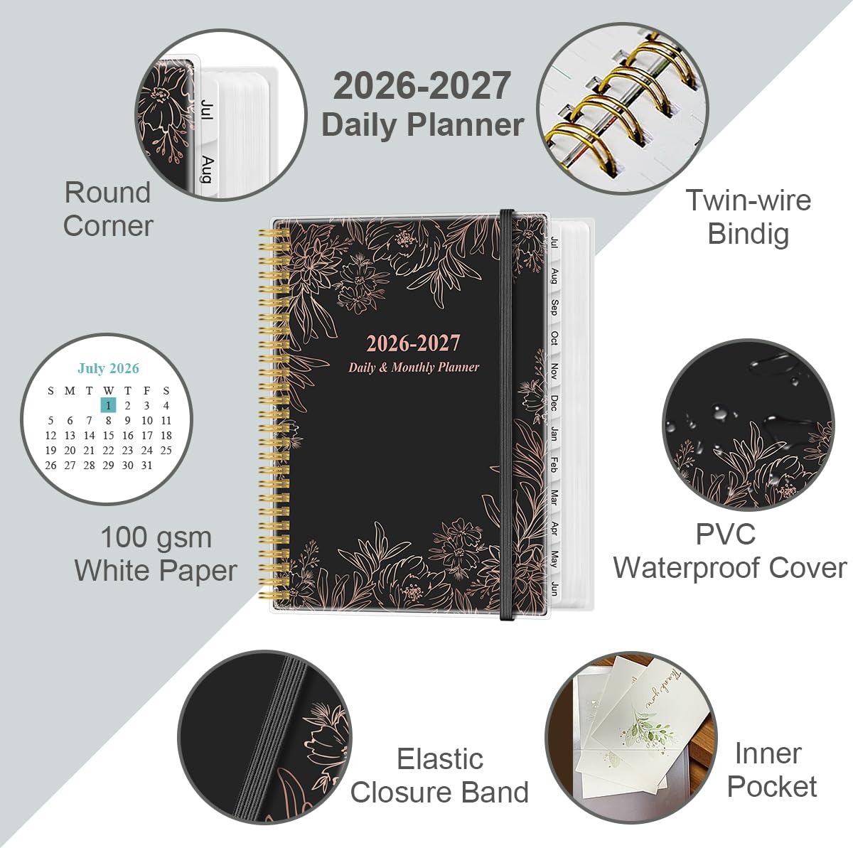 Daily Planner 2026-2027 Full Page Per Day- 2026-2027 Daily & Monthly Planner from July 2026 to June 2027, Day Planner 2026-27 with 12 Months Tabs, 8.5" x 11", Black Flowers