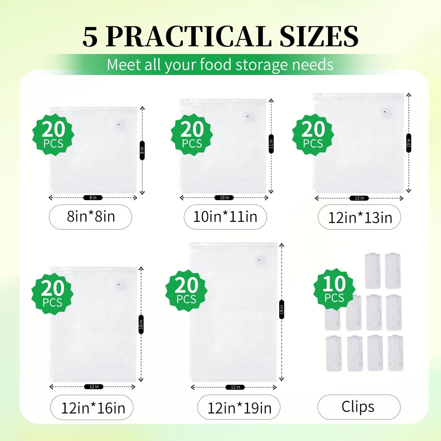 VISRIE 100Pcs Reusable Vacuum Sealer Bags for Food, 5 Assorted Size, BPA-Free Food Storage Bags for Sous Vide Microwave Heating, Compatible with Handheld Sealer and Vac Sealer Machine