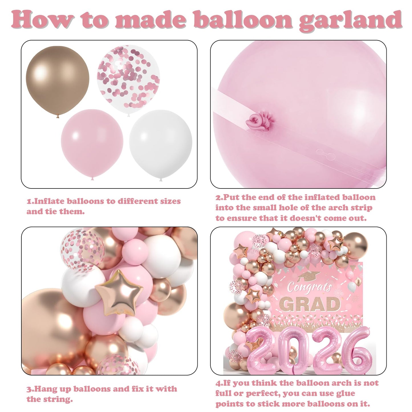 Graduation Decorations Class of 2026: Pink and Gold Graduation Balloons Arch Kit 2026 Grad Party Decorartion with Congrats Grad Backdrop Party Supplies for High School & College Celebrations