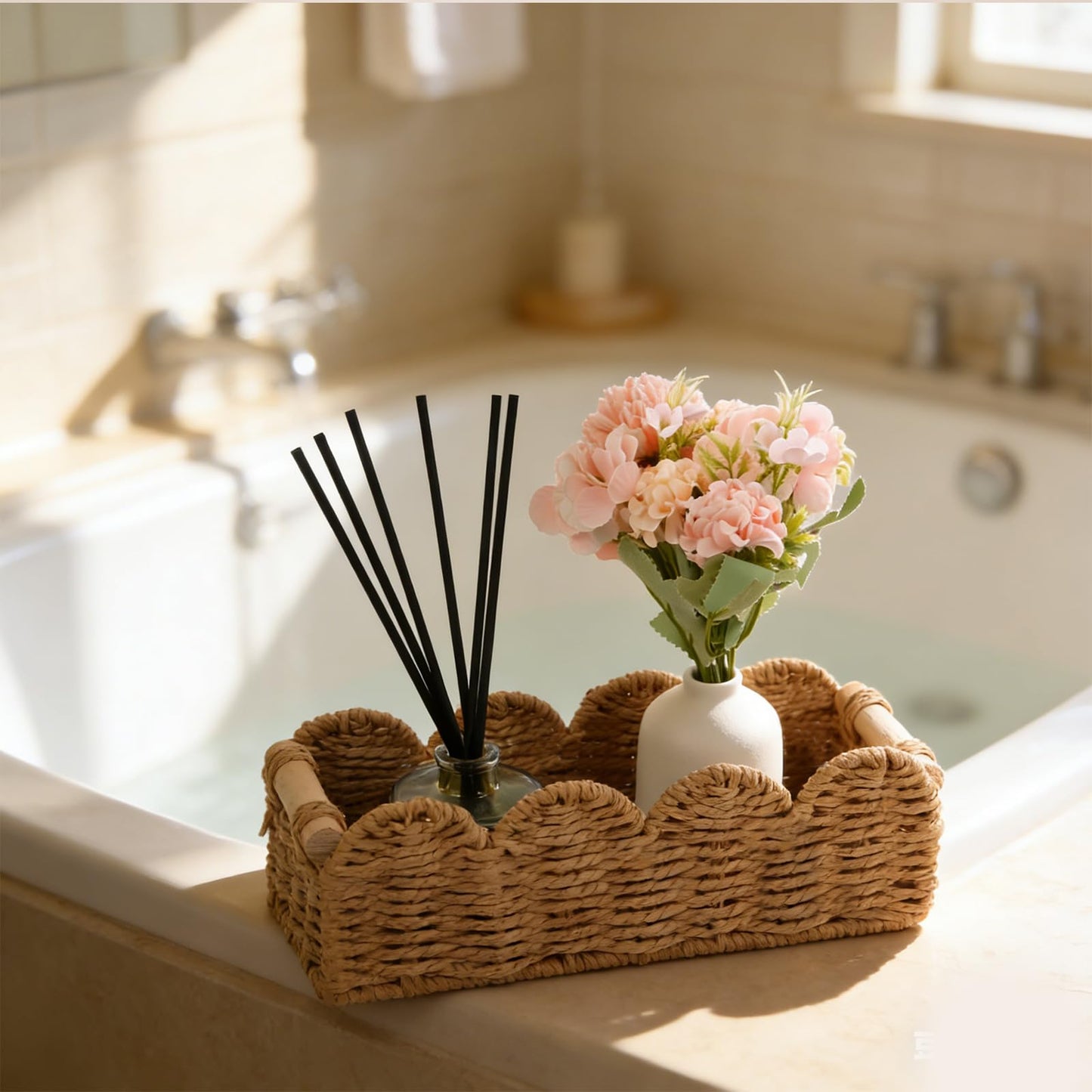 Paper Rope Storage Basket Set of 2 with Wooden Handles - Scalloped Toilet Paper Organizer, Cute & Functional Home Decor for Bathroom or Living Room (Beige)
