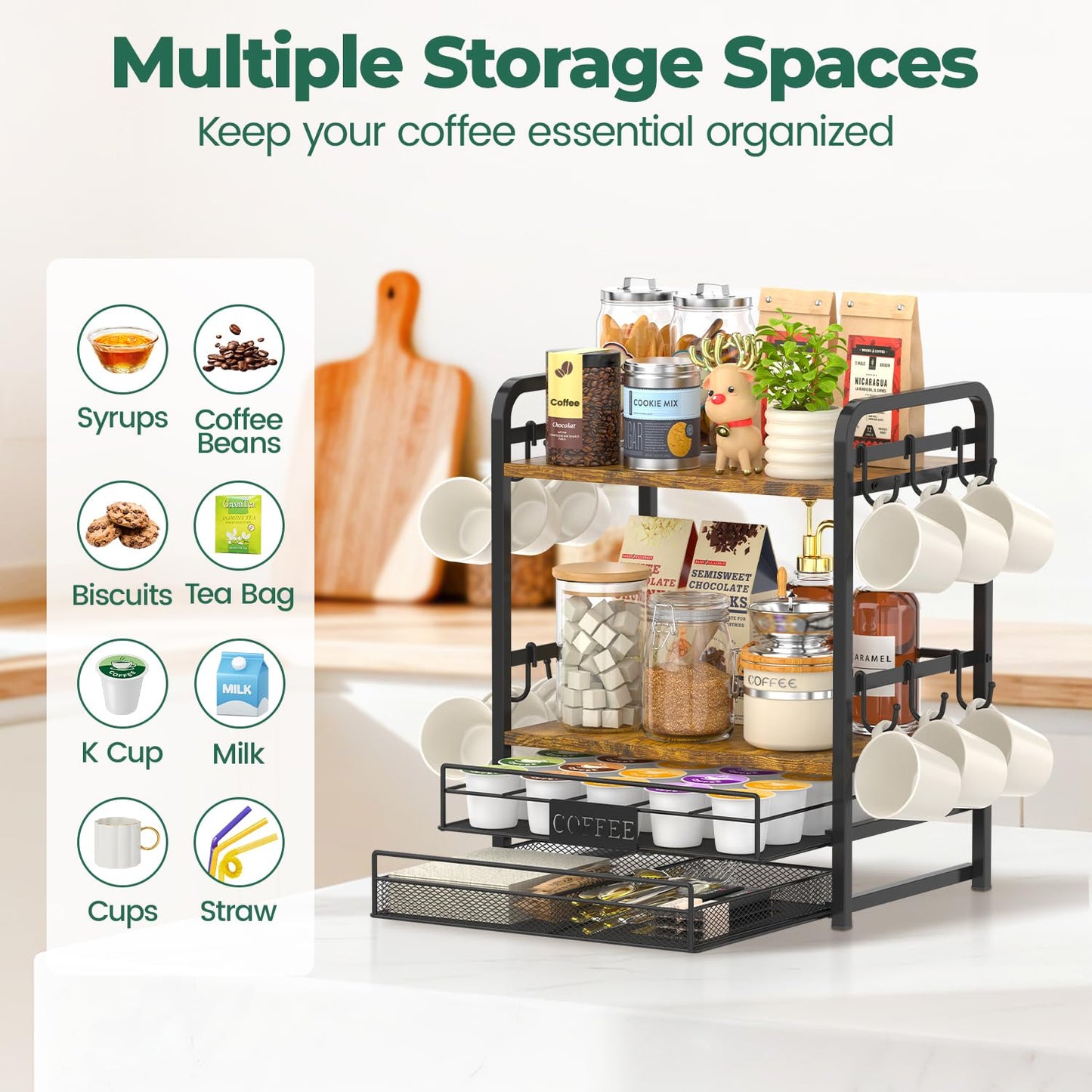 EsLuker.ly Coffee Bar Organizer Station Shelf Mug Holder for Countertop, 4 Tier Mug Holder Stand with 12 Hooks, K Cup Pod Drawer