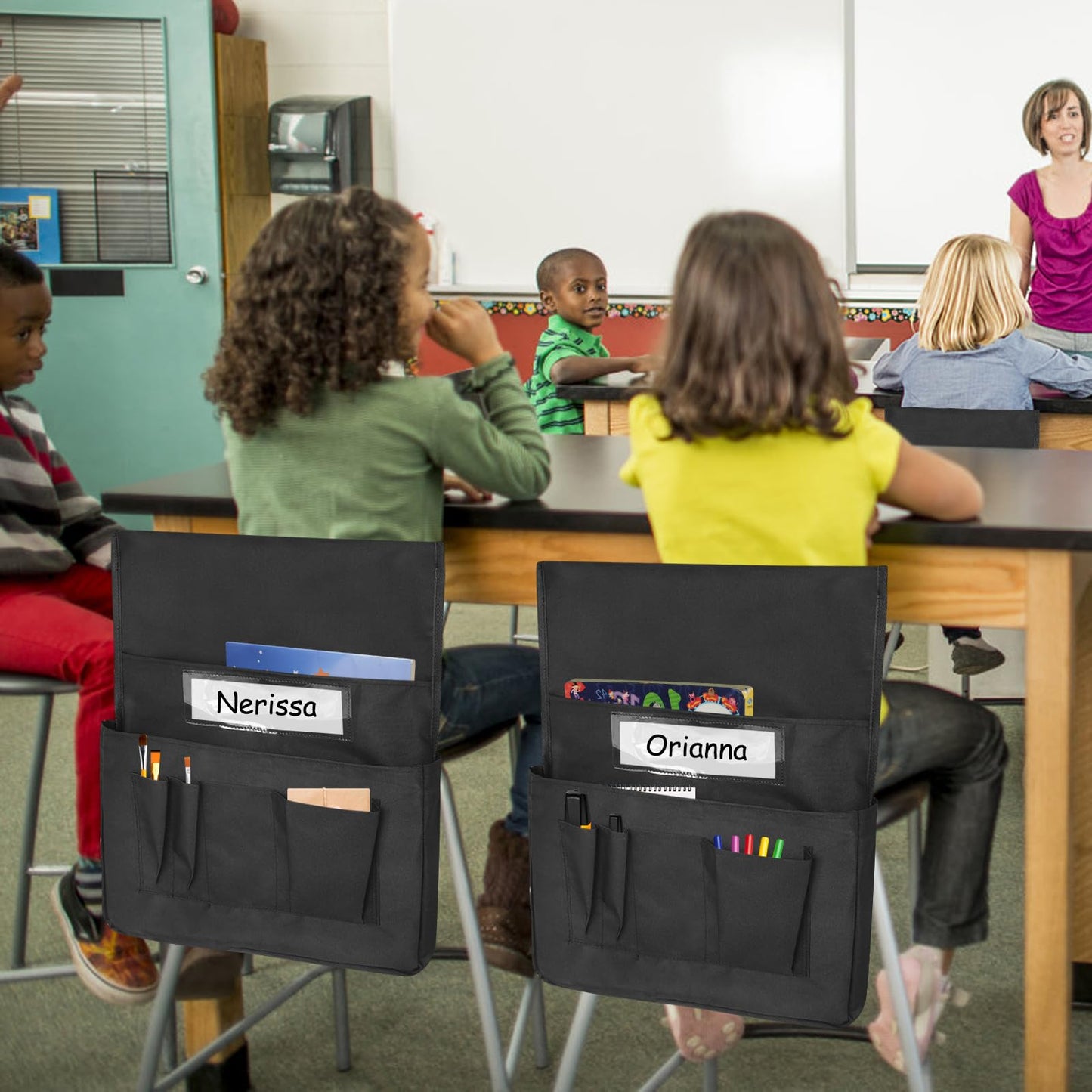 RSUARSUA Chair Pockets for Classroom 12 Pack 15 x 19 Inch Chairback Buddy Pocket Chart Seat Back Organizer Student Storage with Lable Slot for Classroom Kindergarten School Home (Black)