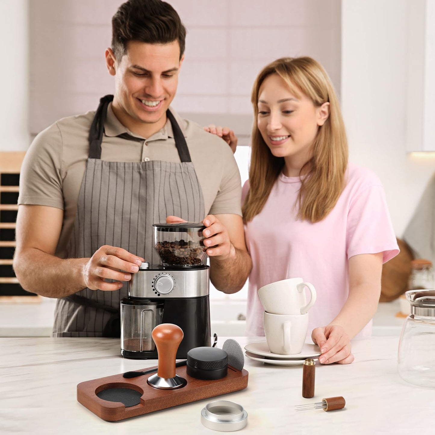 Ferrochef 7 Pcs Espresso Accessories Kit, 51 mm Coffee Tamper Set Espresso Machine Accessories Coffee Tamper Wdt Tool Dosing Funnel Puck Screen Brush Tamping Station for 51 mm Barista Tools