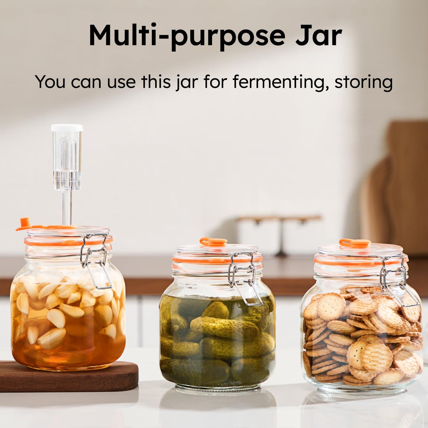 Jillmo 1 Liter Fermentation Jar, Square Glass Fermenting Kit with Weight for Making Sauerkraut, Hot Sauce, Mead, Cider and More, Pack of 2