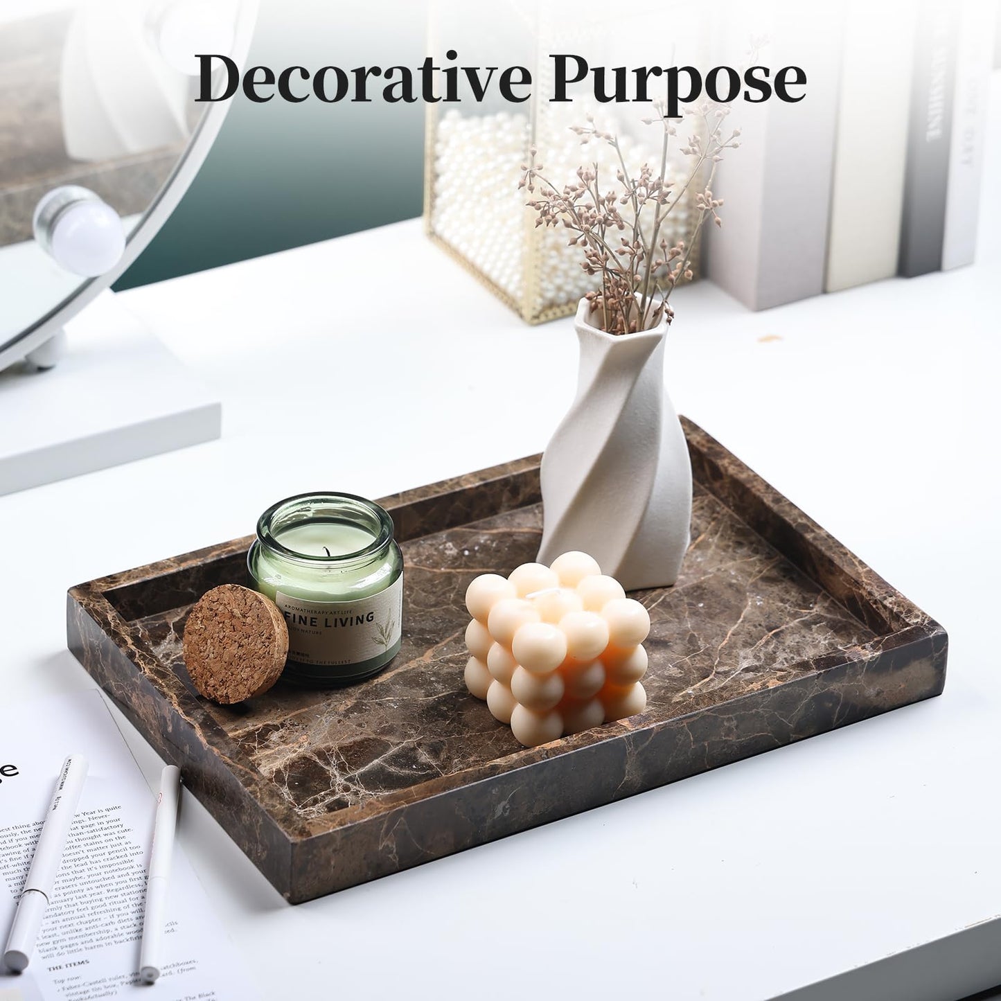 YMXYJM Real Natural Marble Tray for Bathroom, Genuine Marble Stone Vanity Tray, Luxury Storage Trays for Kitchen, Vanity, Home Decor, Dresser, Non-Resin/Non-Ceramic, 12"x 8"x 1.2", Dark Brown