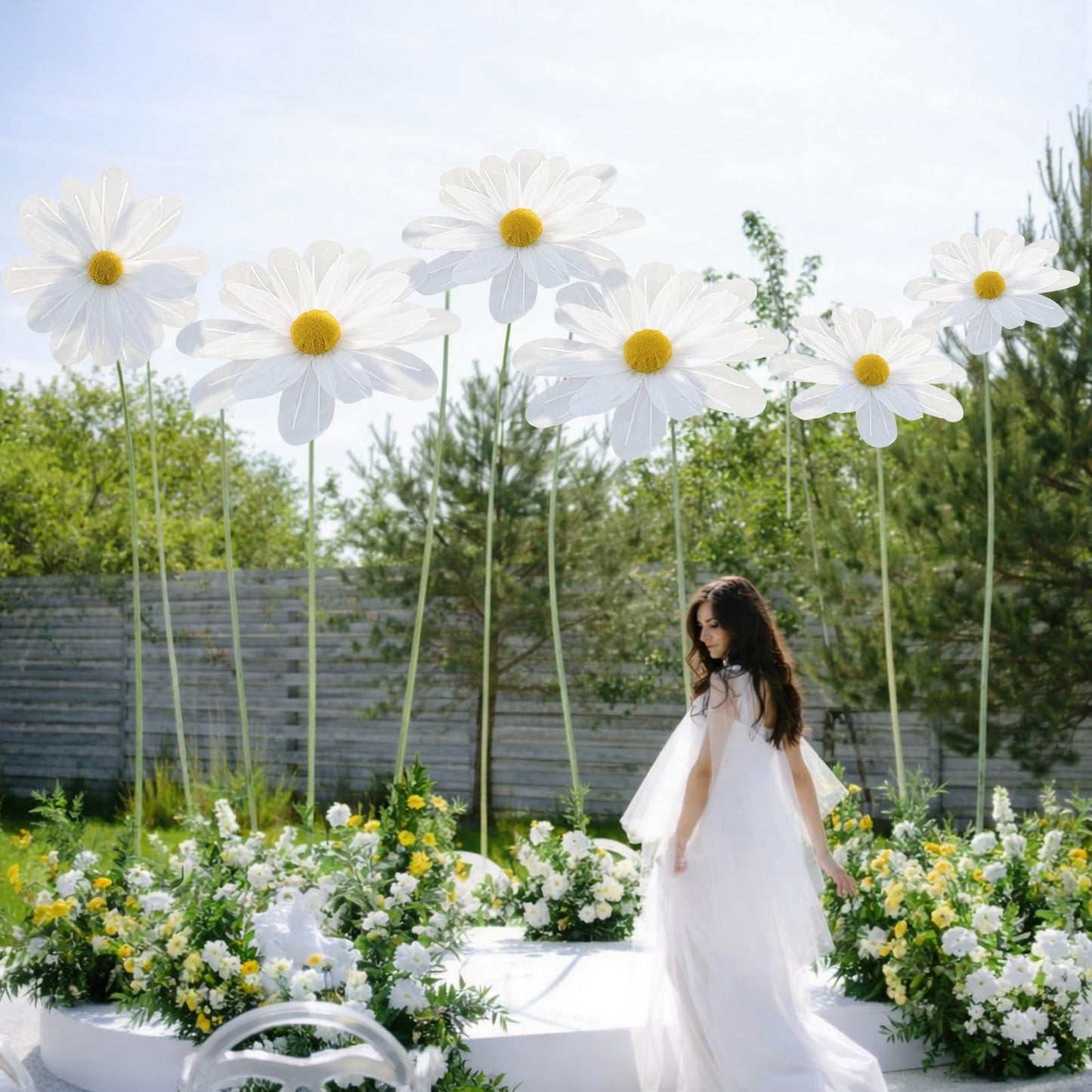 FineCheer 6 Pcs White Large Daisy Flowers for Decoration 12'' 15.8'' 20'' Giant Silk Artificial Flower Fake Daisy for Wedding Garden Birthday Party Bridal Baby Shower Decor, Rod is Not Included