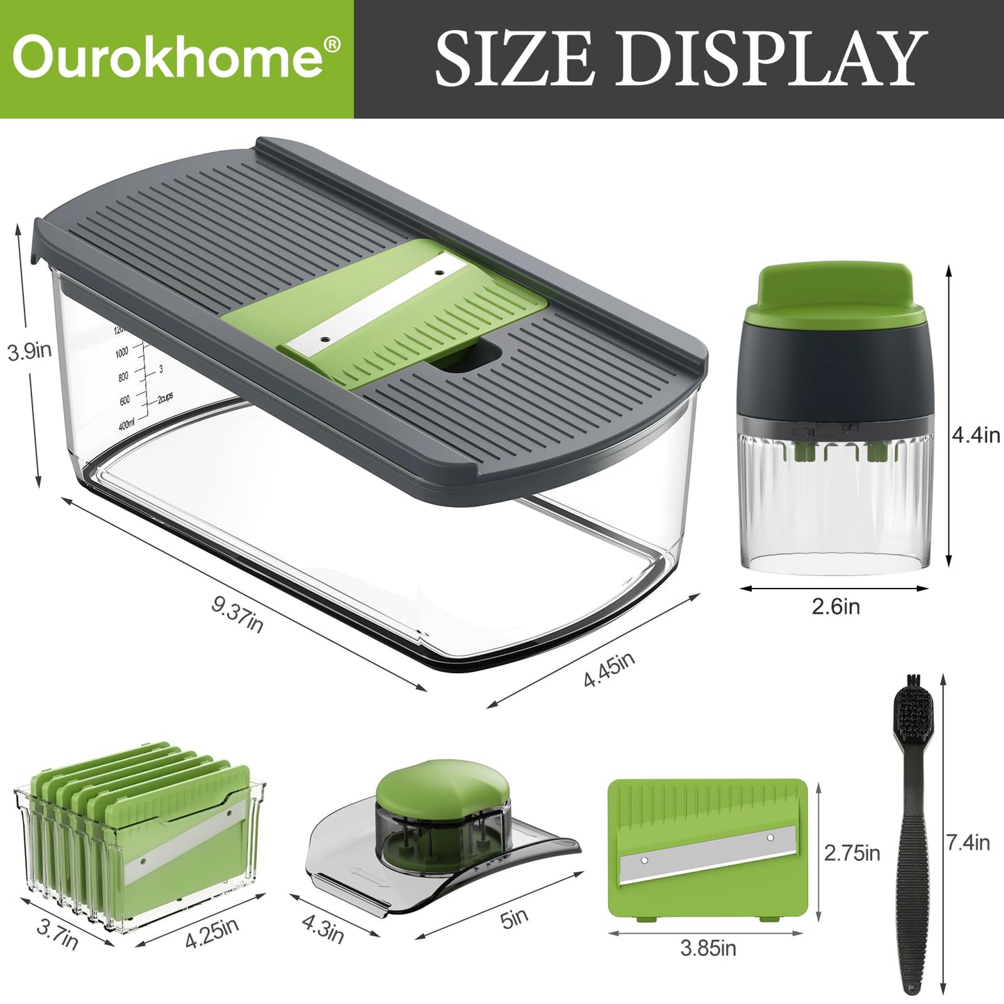 Ourokhome Mandolin Slicer with Handheld Spiralizer, Hand Safe Vegetable Shredder with 6 Mandoline Blades, Veggie Waffle Cutter for Potato, Carrot, Zucchini, Essential Kitchen Gadgets (10 in 1, Gray)