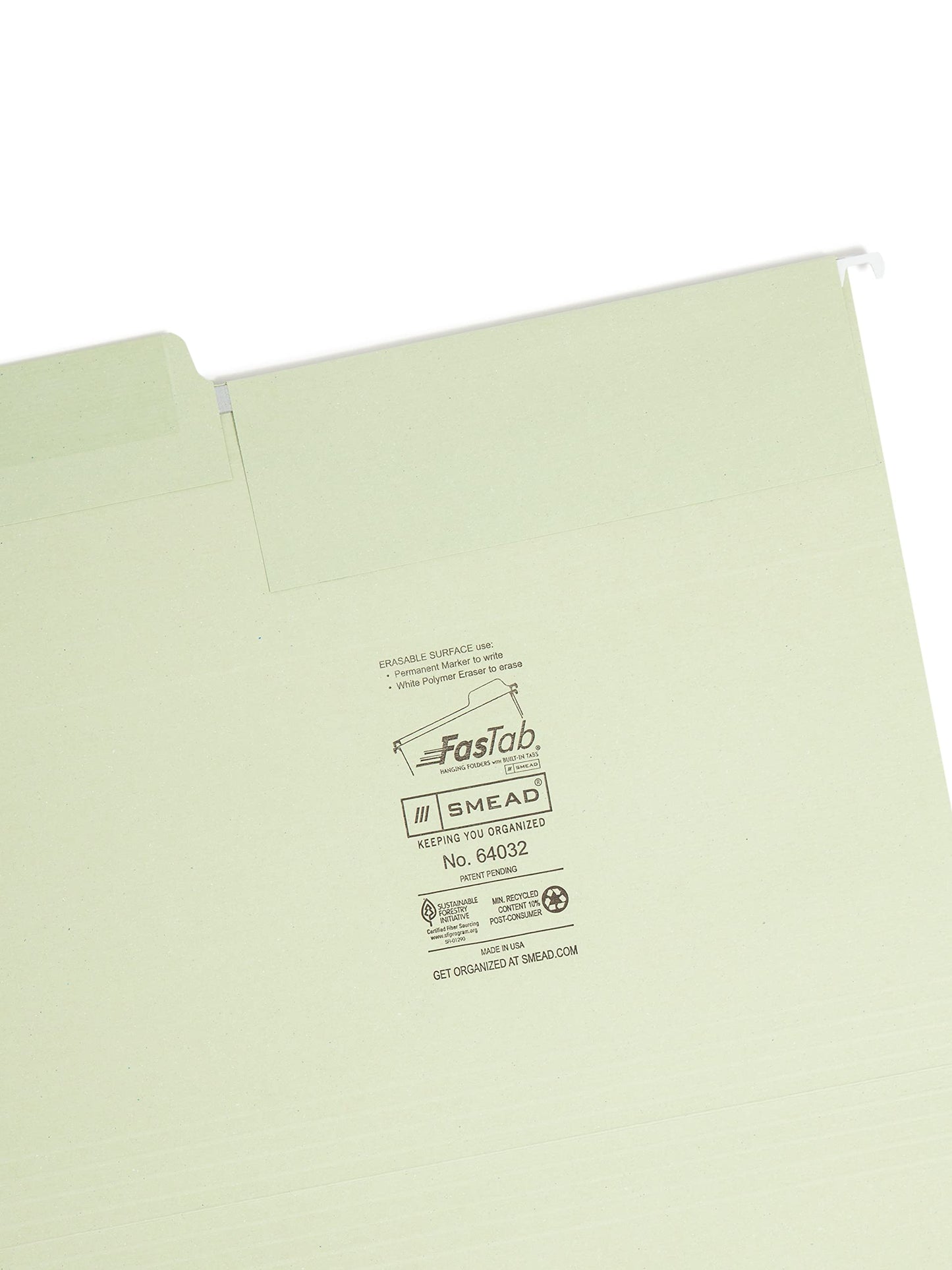 Smead Erasable FasTab Hanging File Folder, 1/3-Cut Built-in Tab, Letter Size, Moss, 20 per Box (64032)