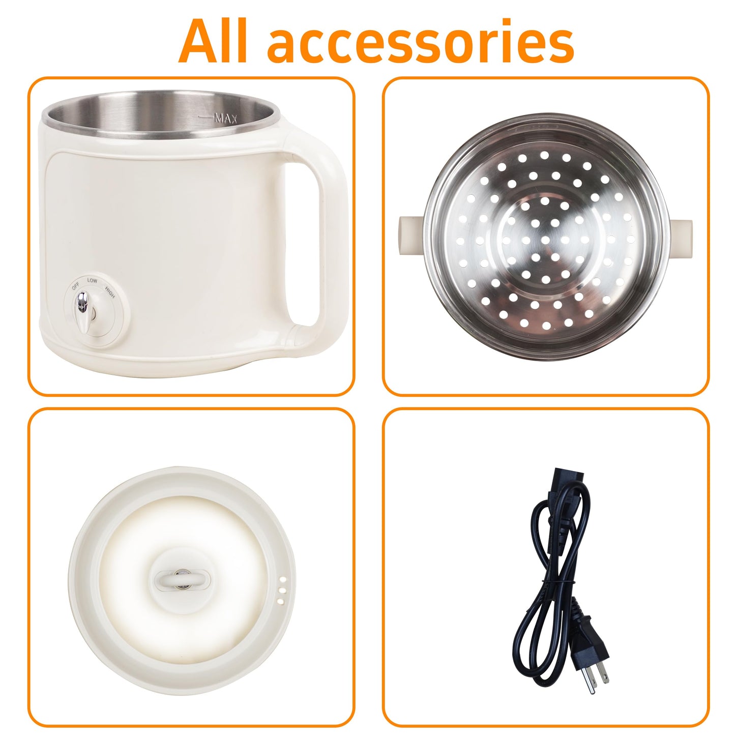 Ksalinameslon Electric Hot Pot with Steamer: 2.0L Ramen Cooker, Multifunctional Stainless Steel Electric Pot, Portable, Dual Power Adjustment for Dorm, Office, Travel