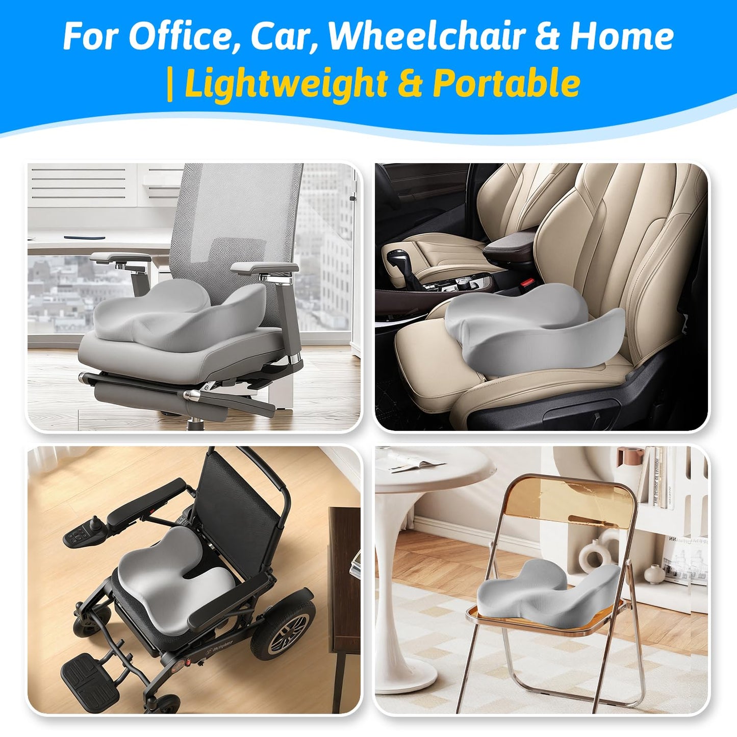 Seat Cushion for Tailbone & Sciatica Pain Relief - Plush Yet Supportive Ergonomic Memory Foam Chair Cushions for Office Chair, Car, Wheelchair,Airplane & Long Sitting(Light Gray)