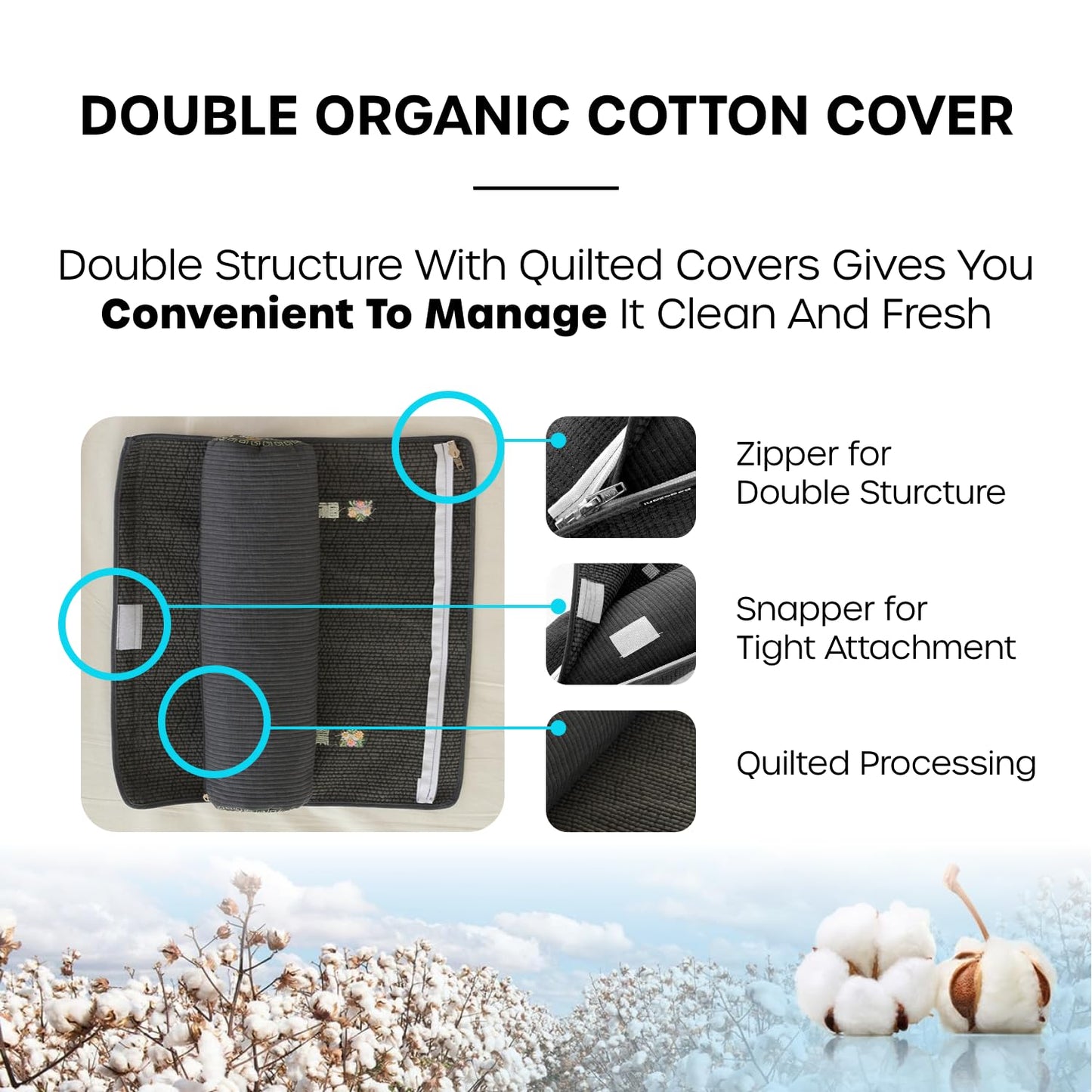 Kepitome 12-inch Korean Buckwheat Cervical Neck Roll — Compact Cypress-Filled Bolster Pillow for Targeted Neck Support (BTS Jungkook's Pick) — Adjustable Firmness, Organic Cotton Cover