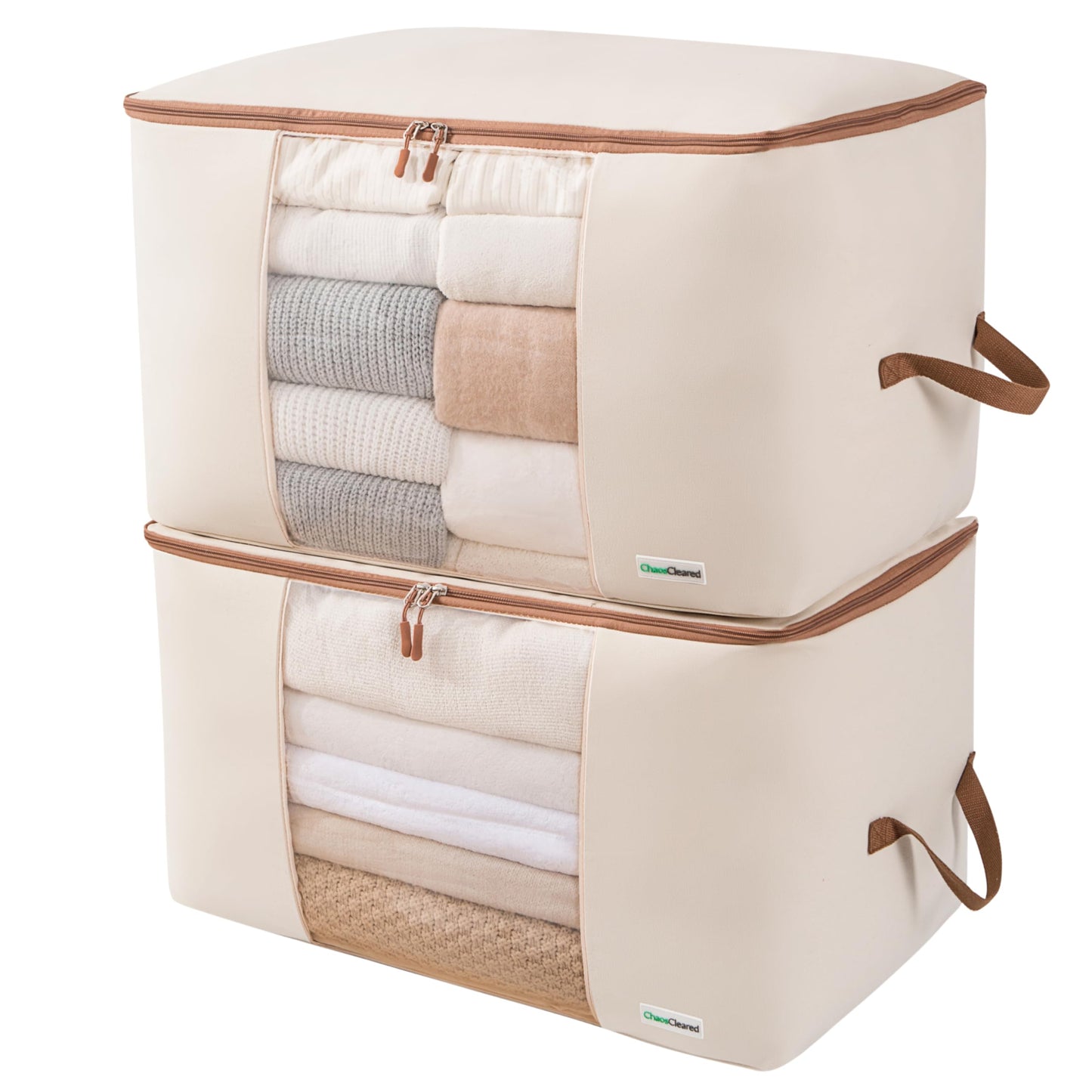 Chaos Cleared Canvas Storage Bags Designer Organizer for Comforters 2 Pack – Seasonal Storage for Pillows, Blankets, Linens & Garments – Foldable Design with Zip & Window, Moth-Proof Space Saver