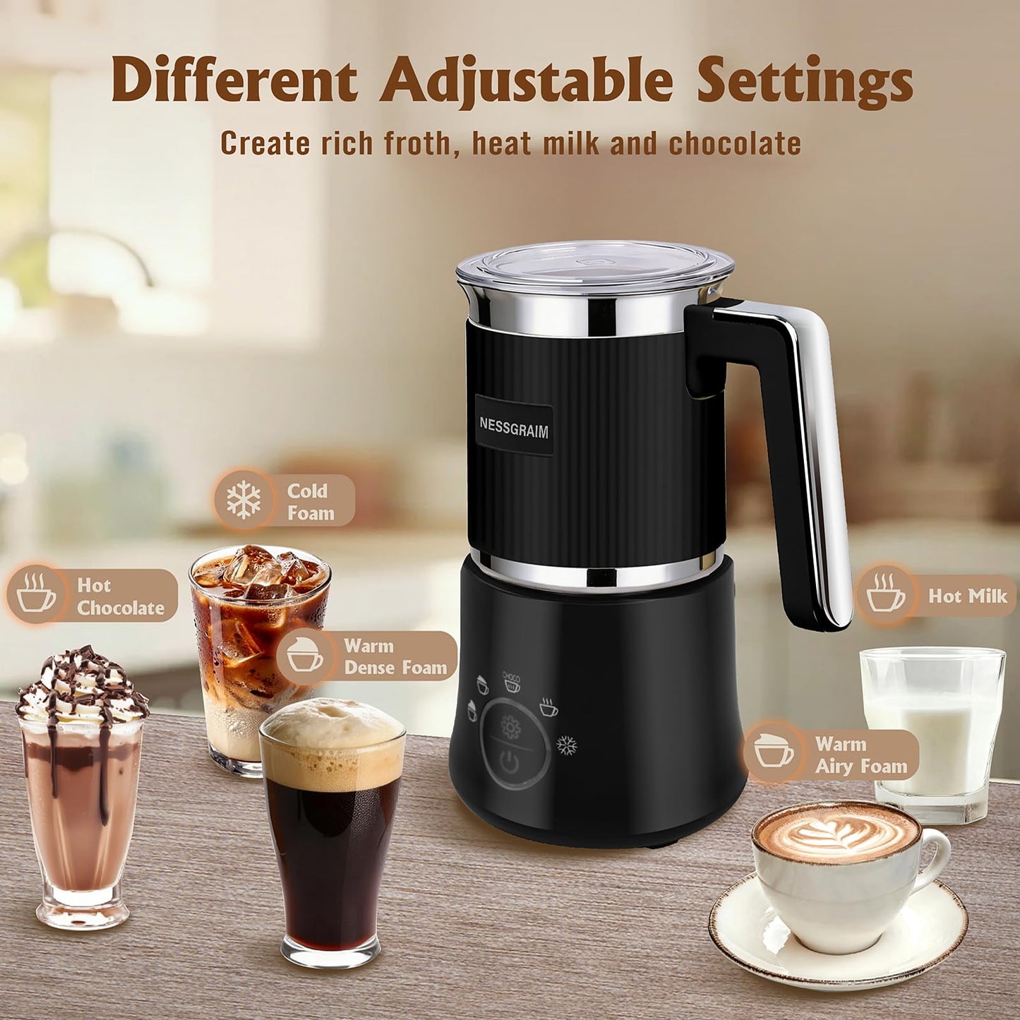 NESSGRAIM 5-in-1 Electric Milk Frother, Automatic Milk Frother & Steamer for Hot & Cold Foam, Large Capacity Milk Warmer for Latte Cappuccino, Hot Chocolate Maker, Dishwasher Safe (Black)