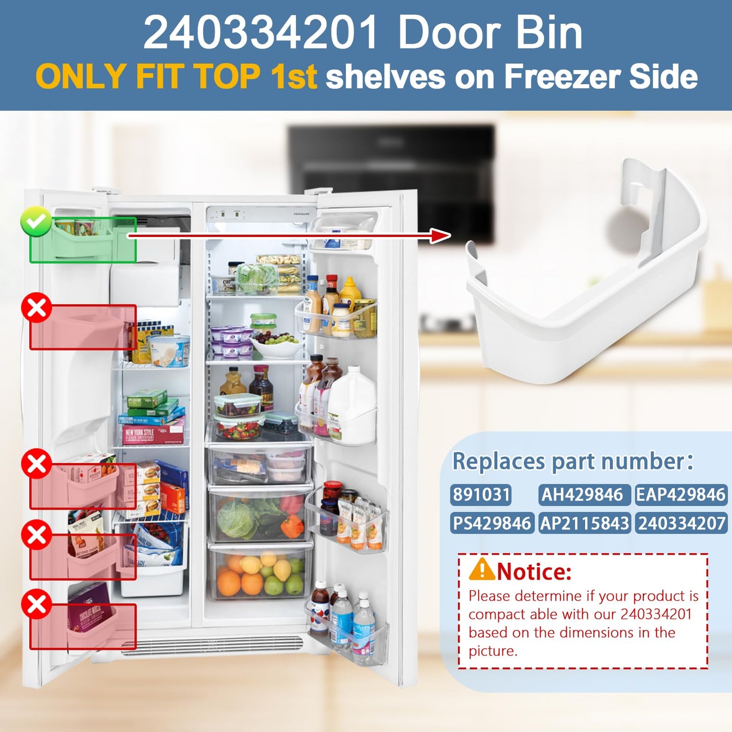 240334201 Refrigerator Door Shelf Bin Compatible with Frigidaire Kenmore BFHS2611LM0 BGHS2634KE2 CRSE263TB0, 240334201 Fridge Door Bin Replace AP2115843 891031 AH429846 240334207 EAP429846 PS429846