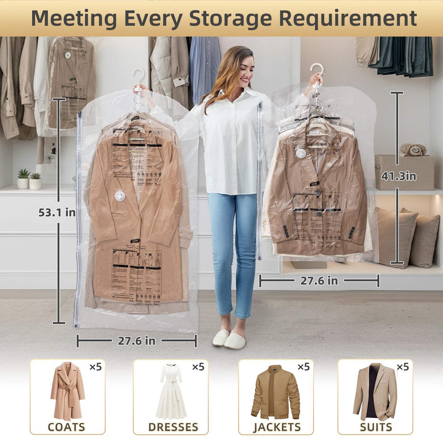 TAILI Hanging Vacuum Storage Sealer Bags Space Saver Bag for Clothing, Suits and Jackets, Closet Organizers, Travel, Set of 4 (2 Long, 2 Short), Clear