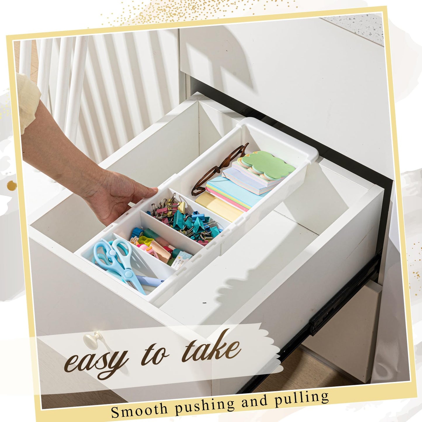 BrightRow 4 Pcs Expandable Drawer Organizer Bins Adjustable Deep Drawer Hanging Organizer Tray Expandable 11.4 to 18.1 Inches Plastic Dividers Storage for Office Bathroom Bedroom Kitchen Desk, White