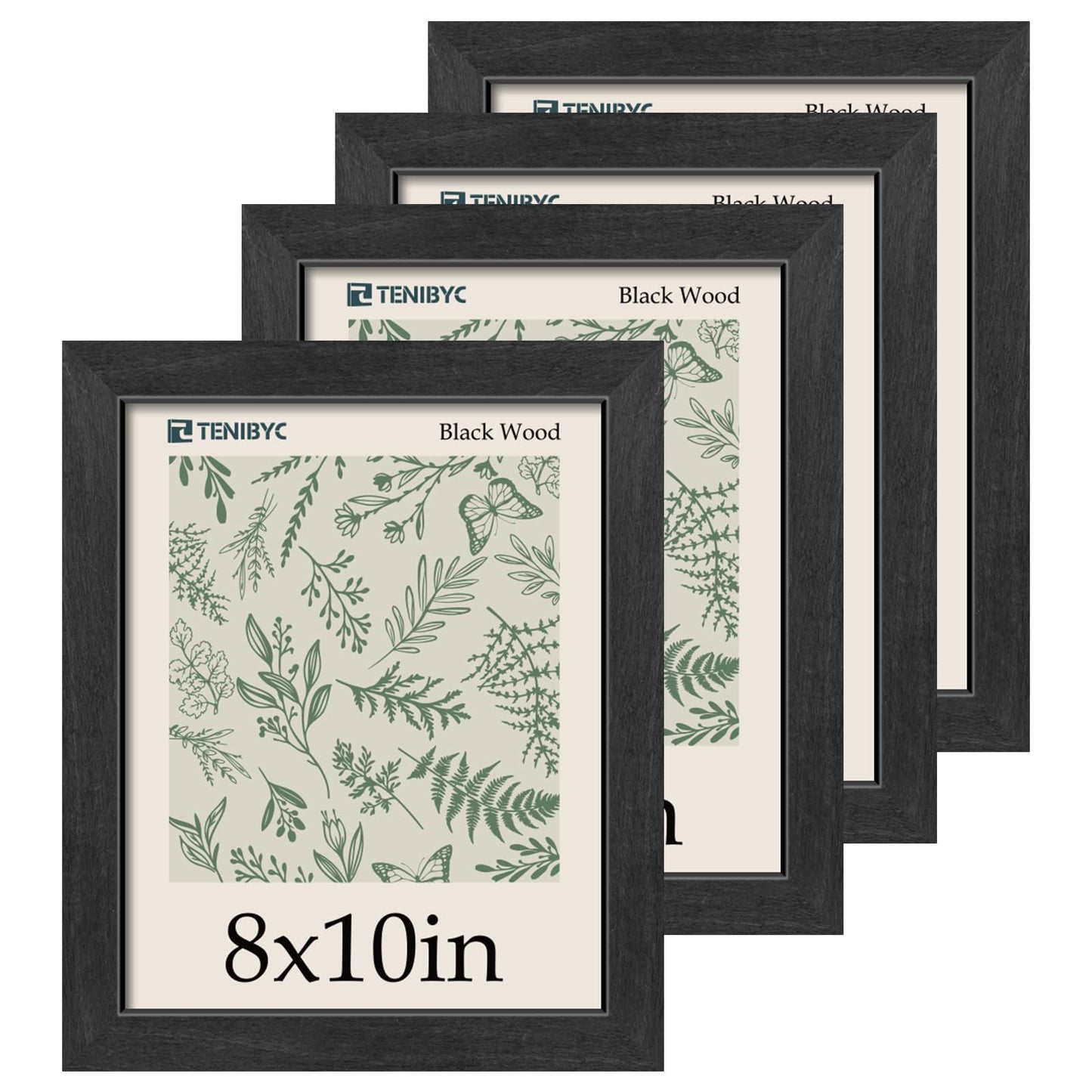 TENIBYC 8x10 Picture Frame 4 Pack, Black Wooden Textured, HD Tempered Glass, Gallery Photo Frame, Table or Wall Display
