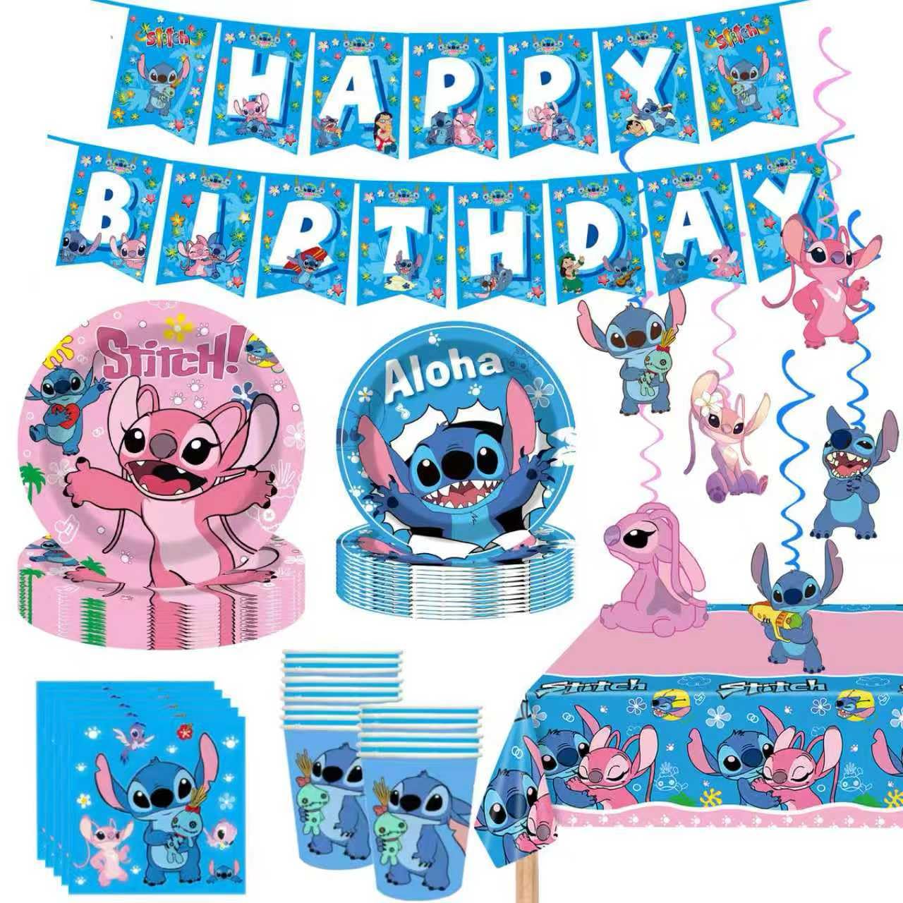 88PCS For Stitch Party Supplies: 6 Hanging Swirls, 20 Napkins, 20 Cups, 20 Plates （9 inch）， 20 Plates 7（ inch）, 1 Banner, 1 Tablecloth for Stitch Birthday Party Decorations