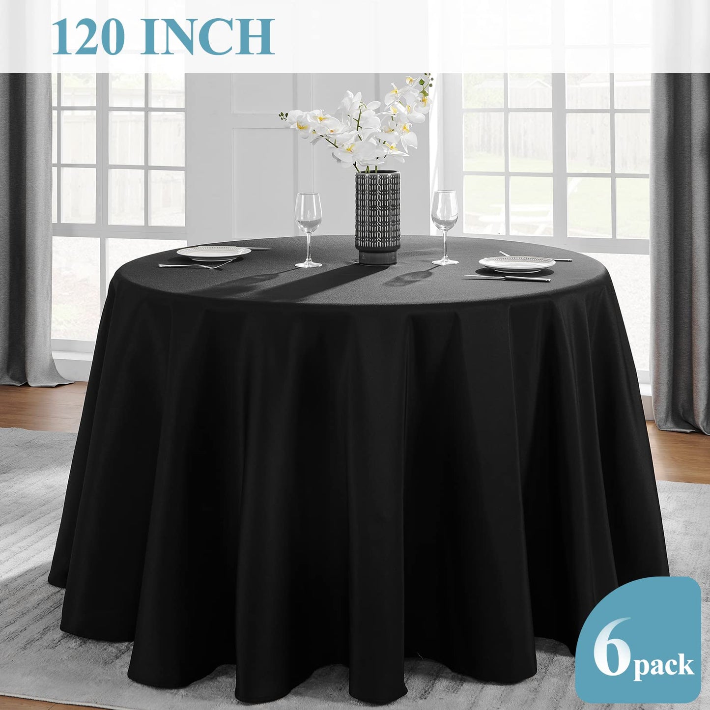 VidaFete 6 Pack 120inch Round Tablecloth Polyester Table Cloth, Stain Resistant and Wrinkle Polyester Dining Table Cover for Kitchen Dinning Party Wedding Round Tabletop Buffet Decoration(Black)