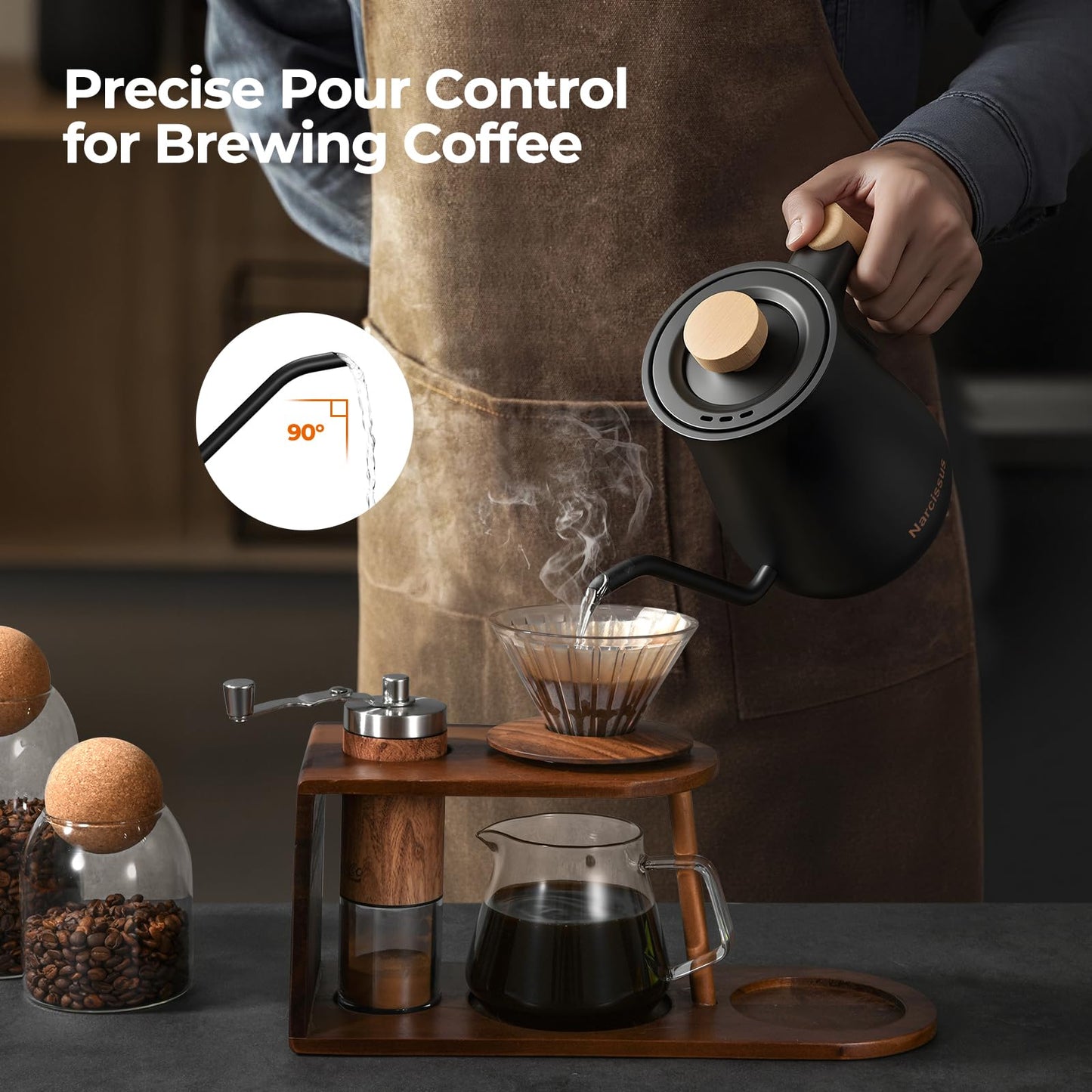 Narcissus P901 Gooseneck Electric Kettle with ±1℉ Temperature Control Function, 1200 Watt Rapid Boiling in 5 Mins, Max 6 Hours Keeping Warm, 304 Stainless Steel Interior, BPA Free, Black