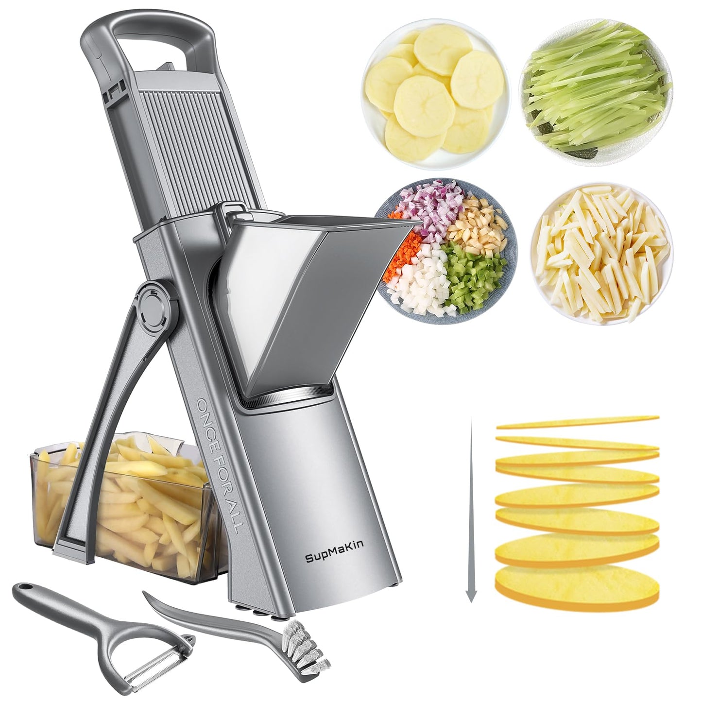 SupMaKin Upgrade Safe Mandoline Slicer for Kitchen,Adjustable Potato Slicer Vegetable Onion Chopper, French Fry Cutter, Include Vegetable Peeler(Gray)