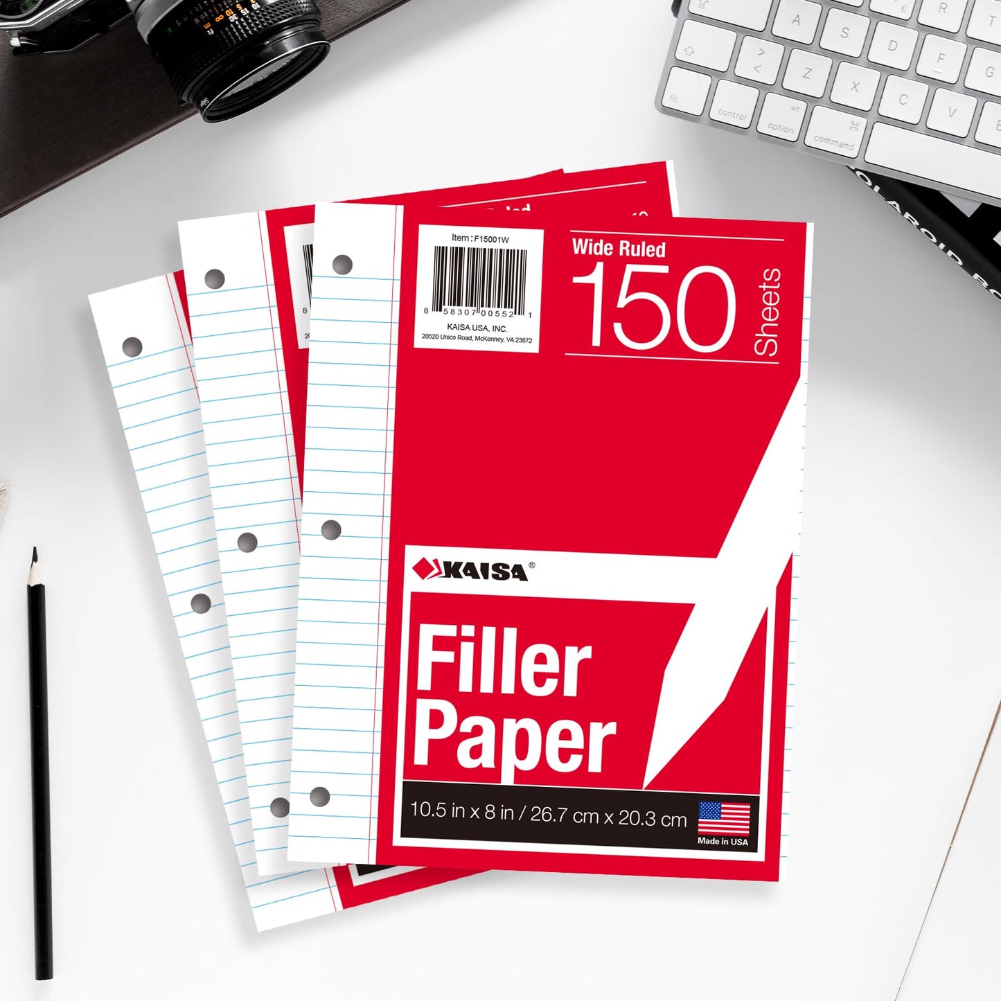 Kaisa loose Leaf Paper Filler Paper 1800 Sheets 8"x10.5",Wide Ruled, 3-Hole Punched for 3-Ring Binders, Carton of 12pack