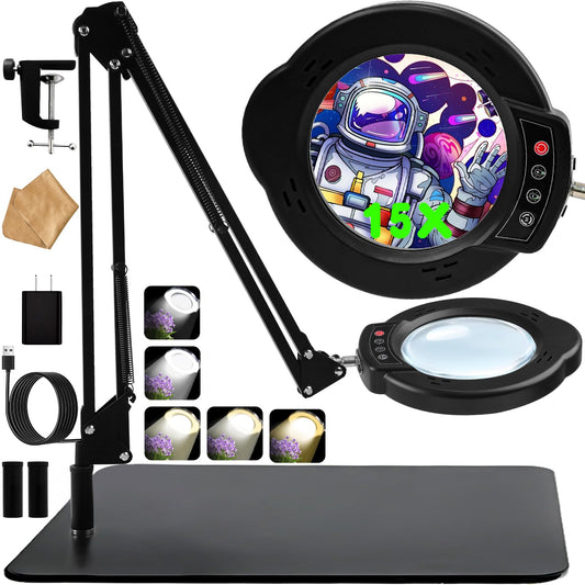 VvLons 15X Magnifying Glass with Light and Stand, 2-in-1 Lighted Magnifying Desk Lamp Dimmable Magnifier Lamp with Light and Clamp Long Arm 84PCS LED Beads Real Glass Lens for Work Close Work Hobby