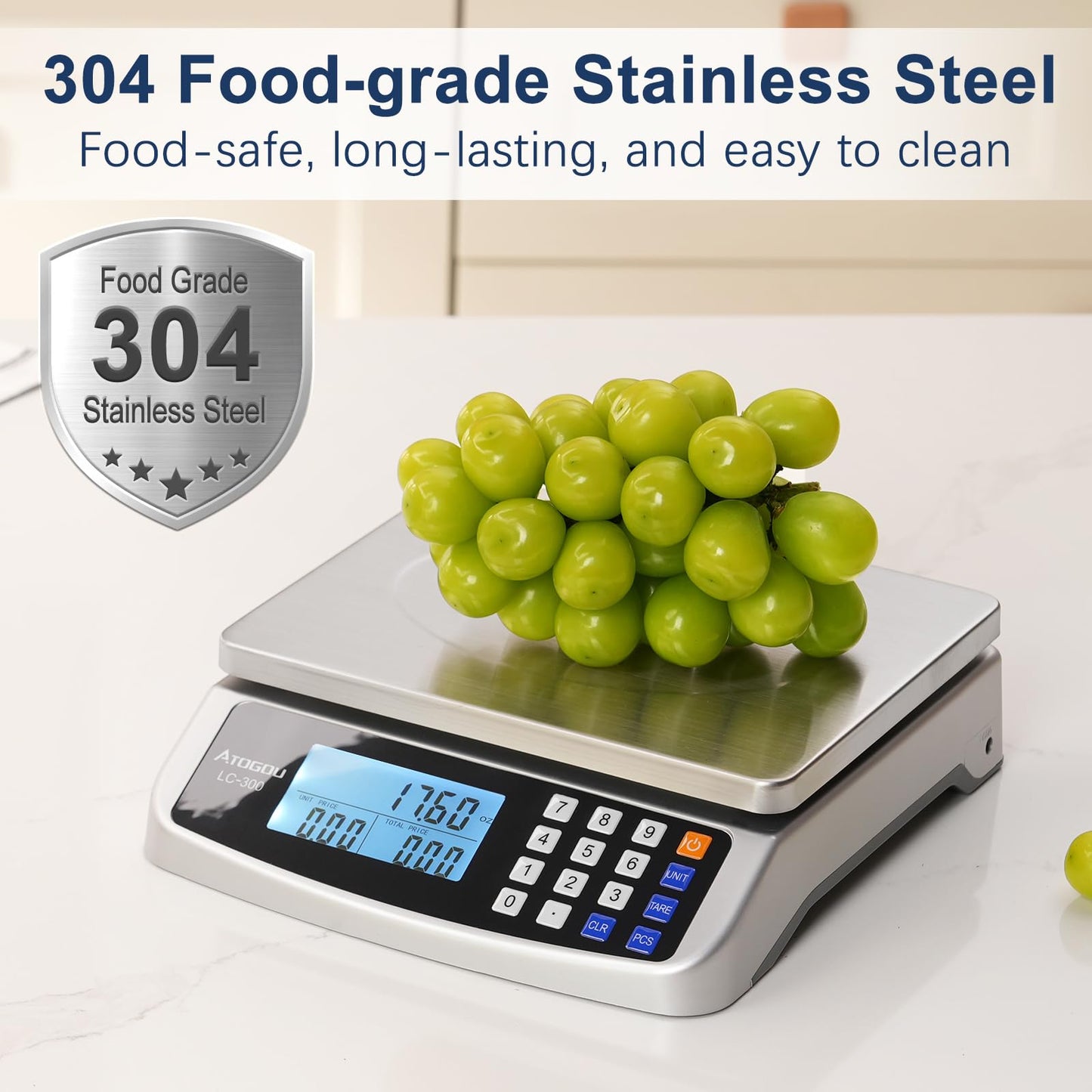 110lb Food Scale, Commercial Kitchen Scale with Price Computing, Plug-in Usable, 0.05oz/1g, 304 Stainless Steel, for Cooking, Vegetables, Farm, Industry, Counting. LC300 Silver